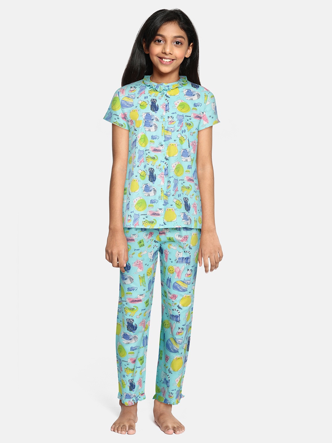 

NAUTI KIDZ Girls Blue & Yellow Cat Print Pure Cotton Pyjamas Set