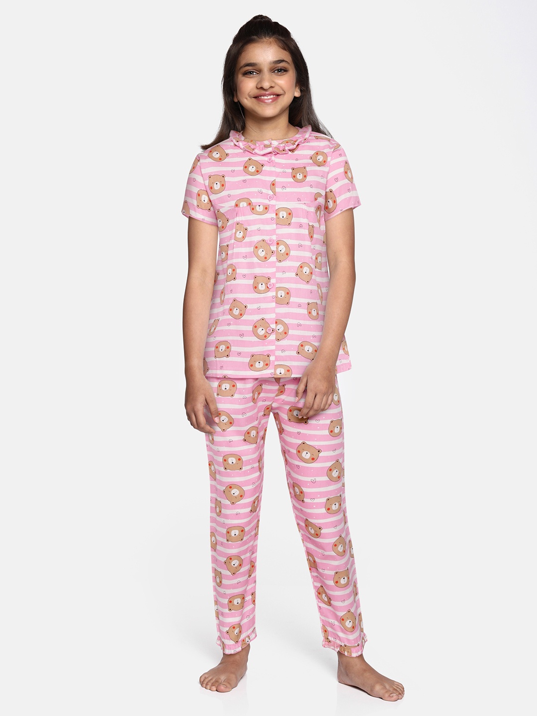 

NAUTI KIDZ Girls Peach-Coloured & White Striped & Printed Pure Cotton Pyjamas Set