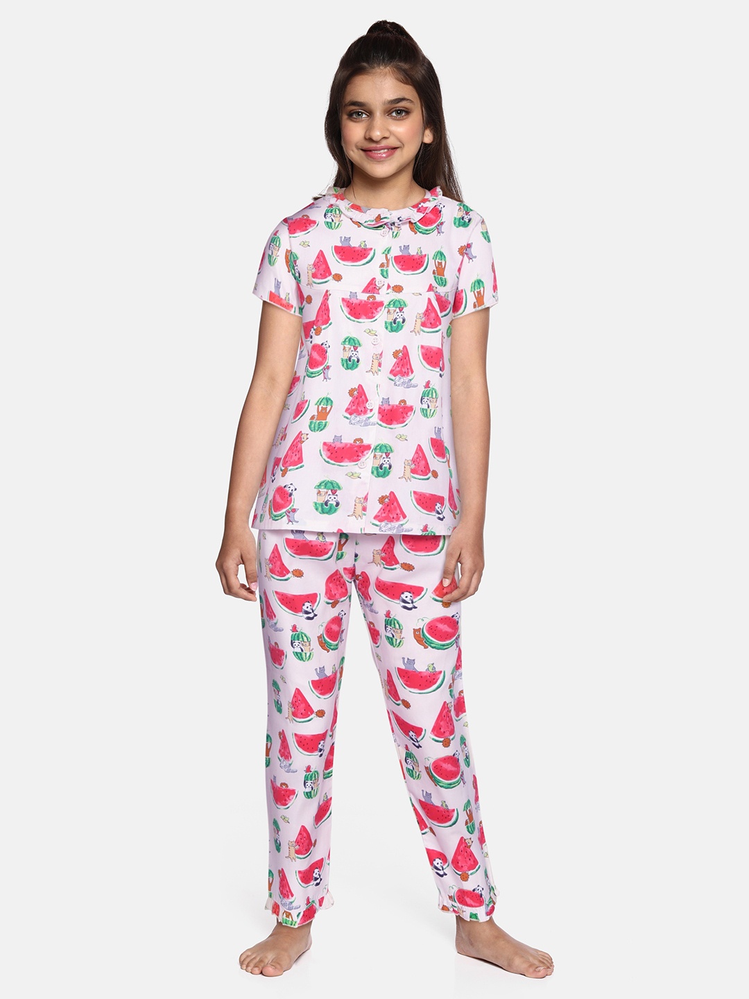 

NAUTI KIDZ Girls Peach-Coloured & Green Watermelon Print Pure Cotton Pyjamas Set