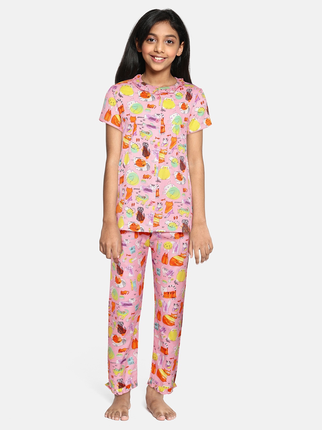 

NAUTI KIDZ Girls Peach-Coloured & Yellow Cat Print Pure Cotton Pyjamas Set