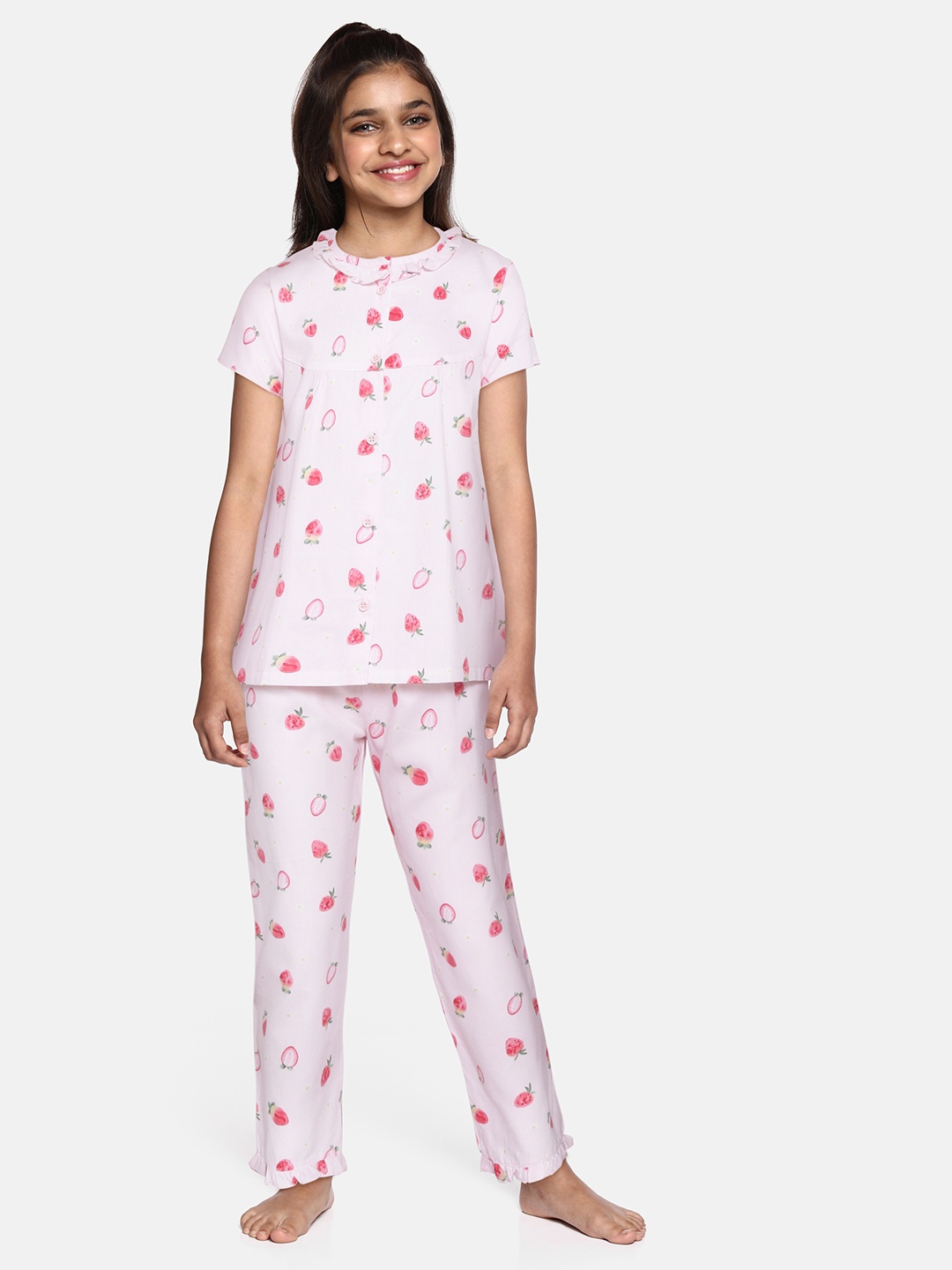 

NAUTI KIDZ Girls Peach-Coloured & Green Strawberry Print Pure Cotton Pyjamas Set