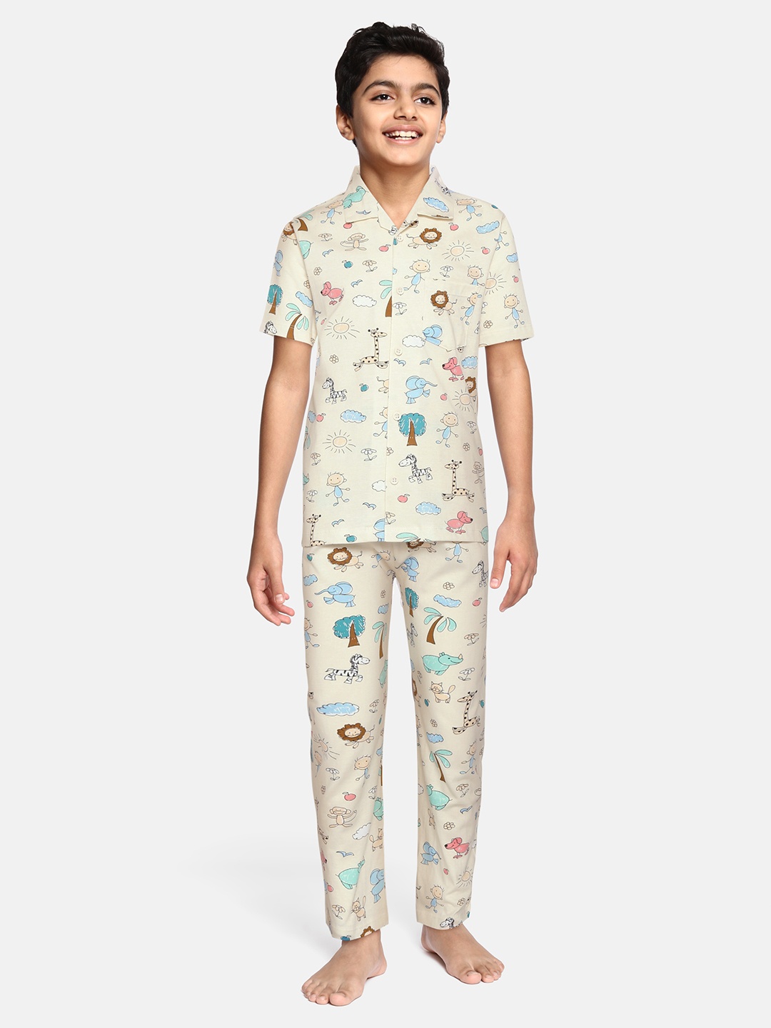 

NAUTI KIDZ Boys Cream-Coloured & Blue Printed Pure Cotton Pyjamas Set