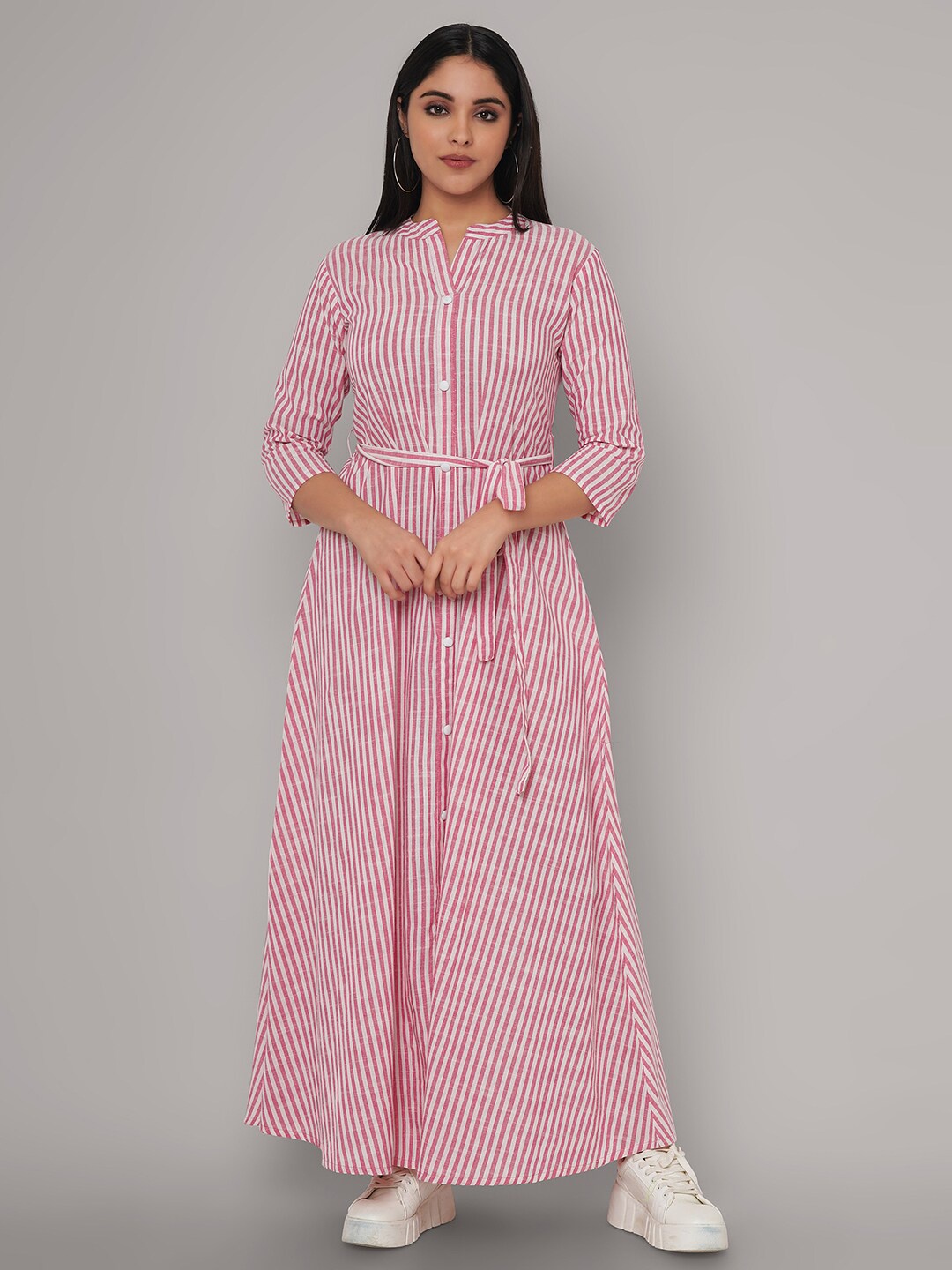 

Sanganeri Kurti Pink Striped Ethnic Maxi Dress