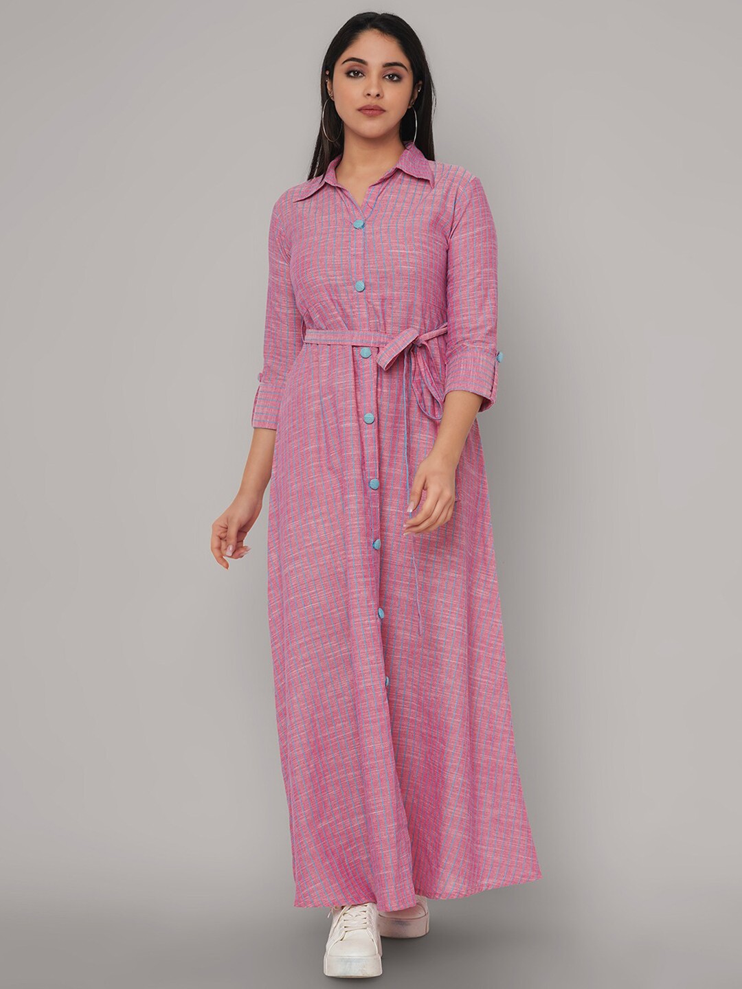 

Sanganeri Kurti Pink Striped Ethnic Maxi Dress