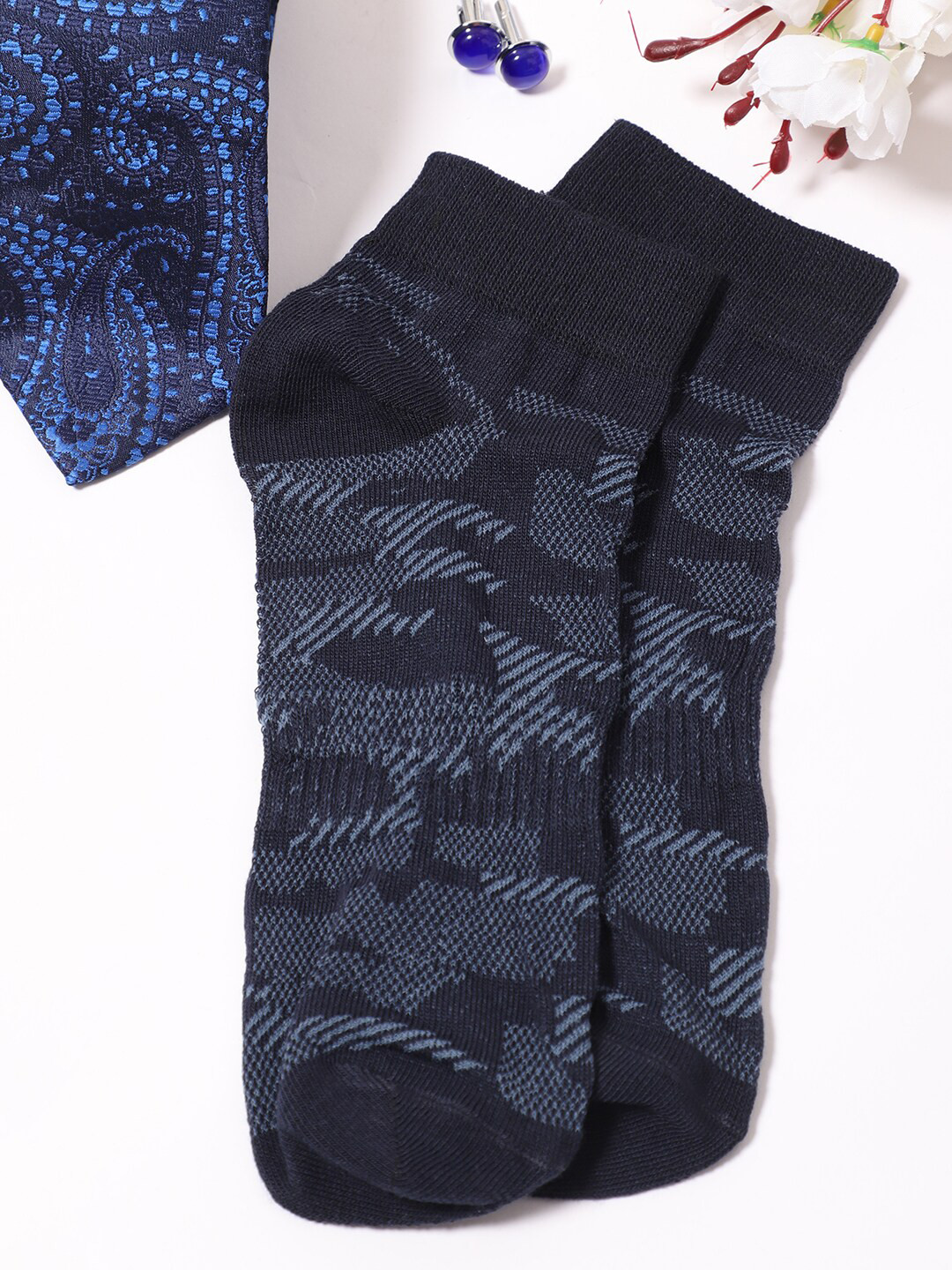 

Cantabil Men Pack Of 5 Navy-Blue Patterned Cotton Ankle-Length Socks