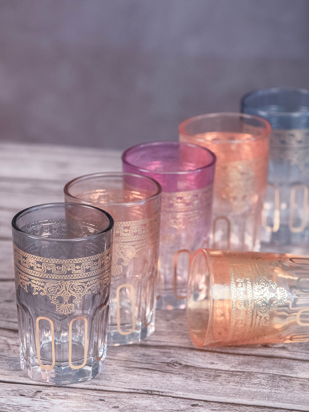 

Roxx Set Of 6 Transparent & Gold-Colored Printed Juice Tumbler Glass