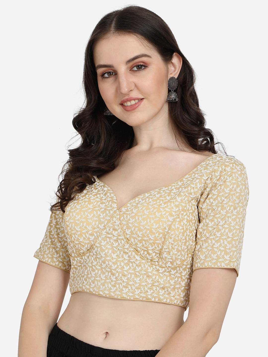 

Amrutam Fab Beige & Gold-Coloured Embroidered Silk Saree Blouse