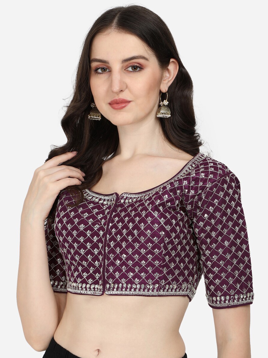 

Amrutam Fab Women Purple & Silver Embroidered Silk Saree Blouse