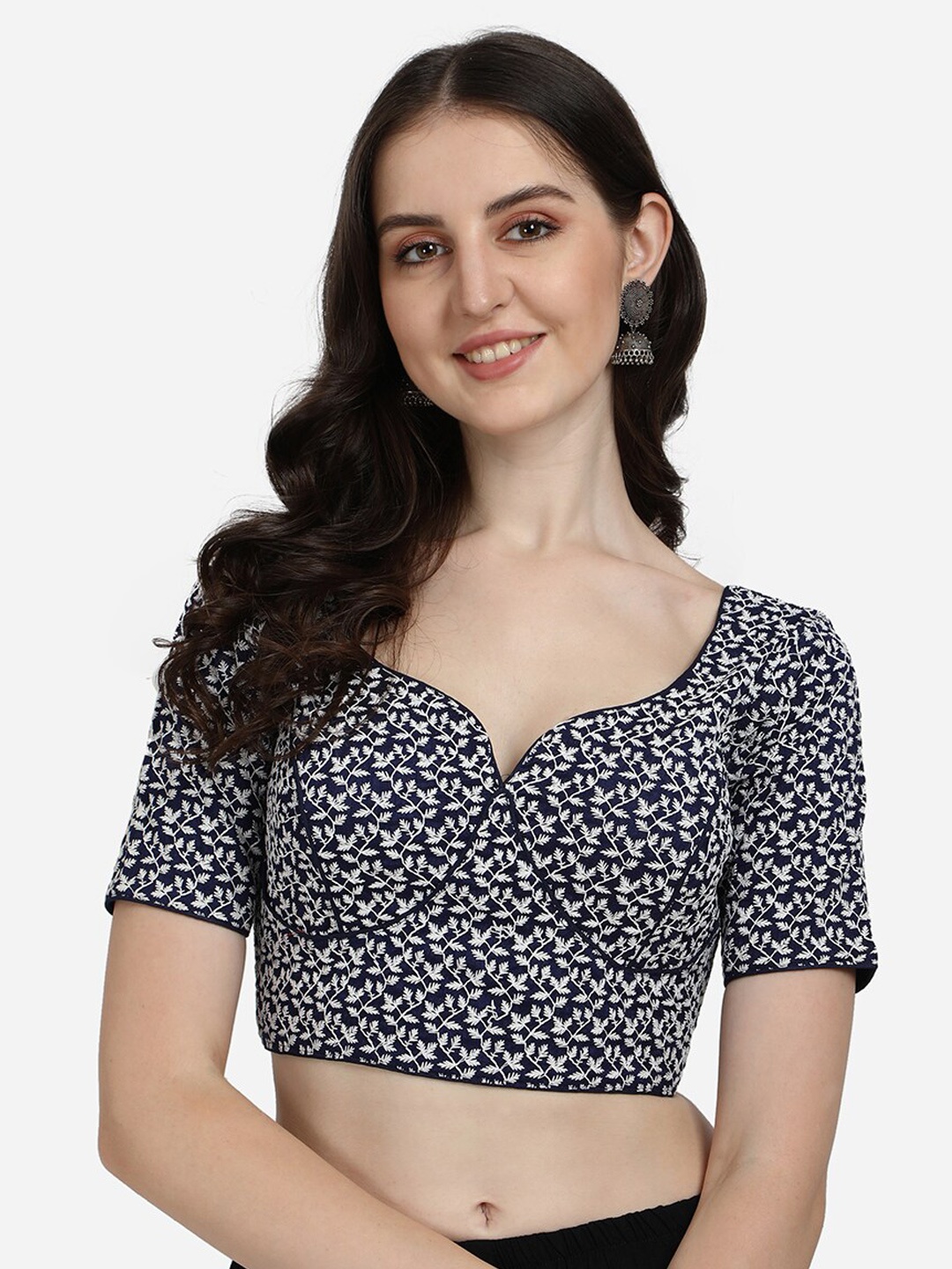 

Amrutam Fab Women Navy Blue & White Embroidered Silk Saree Blouse