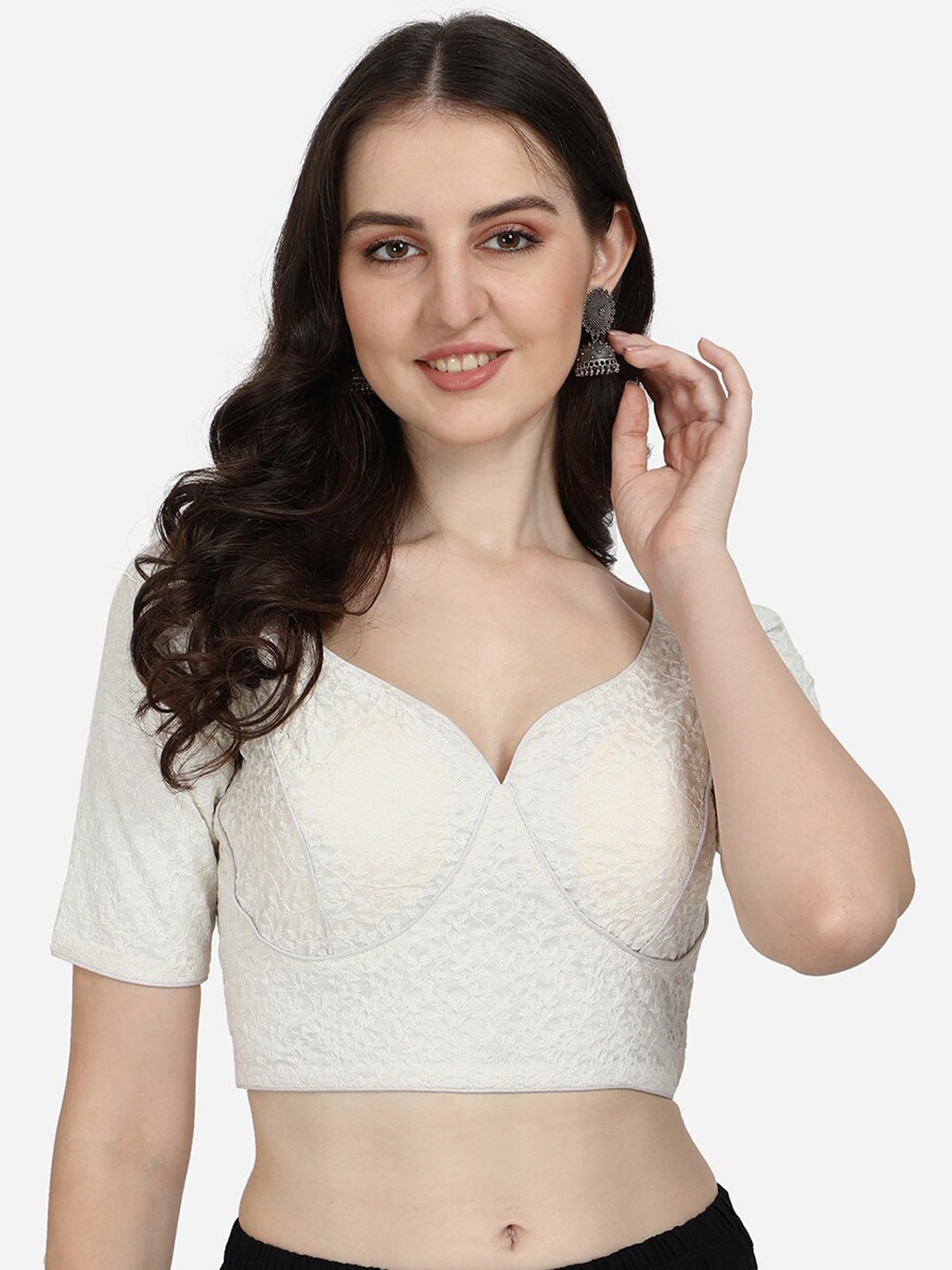 

Amrutam Fab White Embroidered Silk Saree Blouse