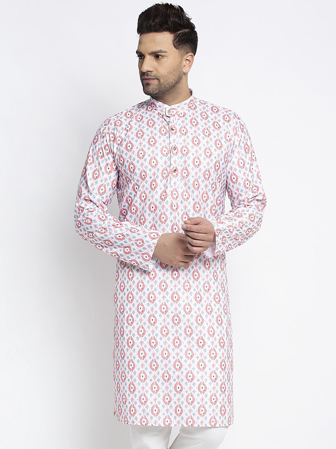 

Benstoke Men White & Pink Geometric Printed Kurta