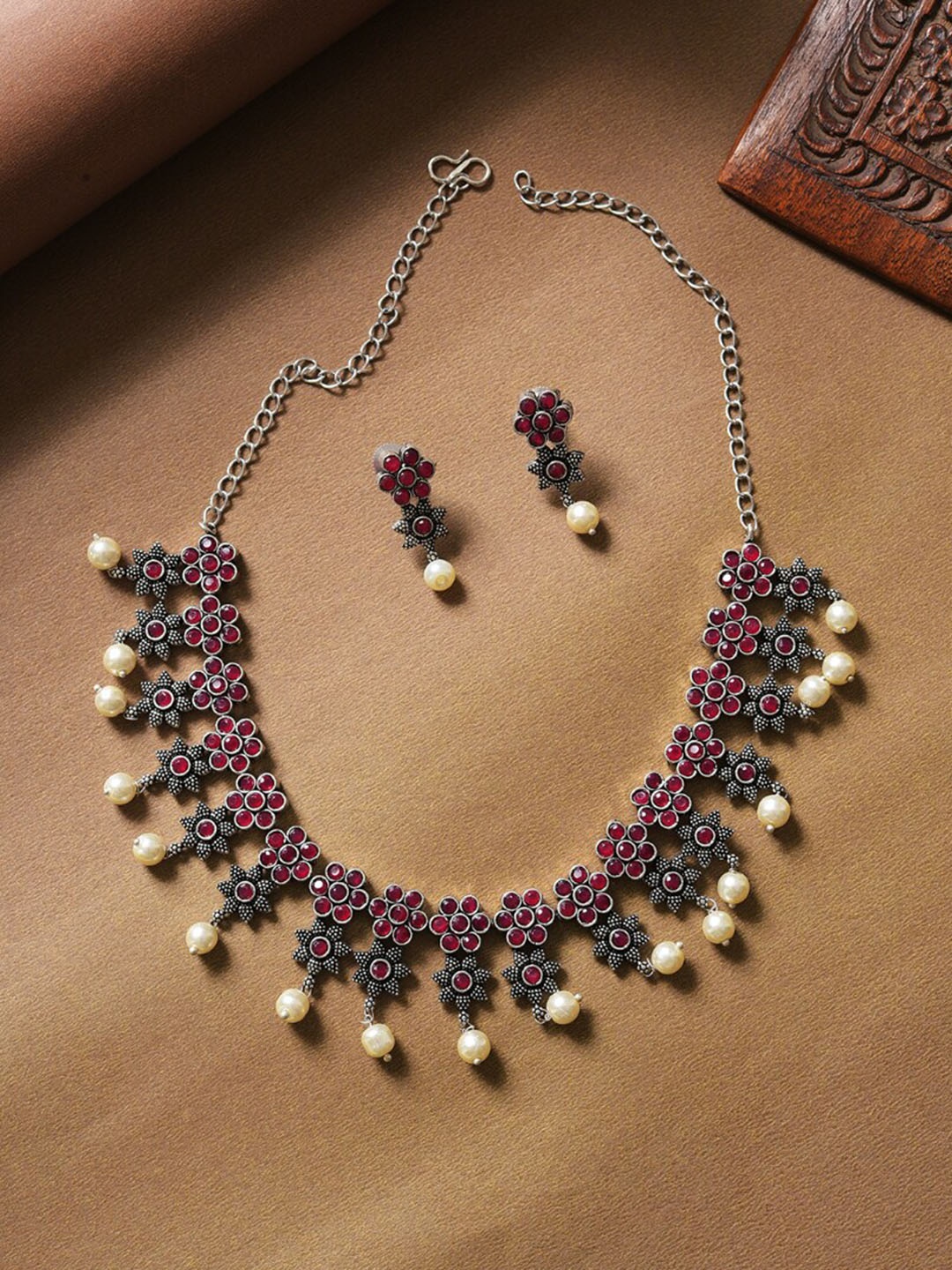 

SOHI Silver-Plated Pink Stone-Studded Jewellery Set