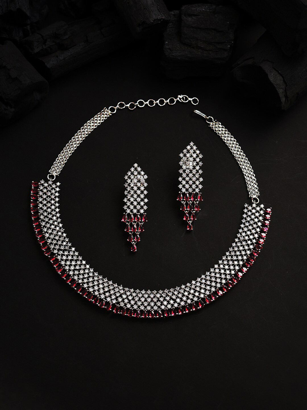 

SOHI Silver-Plated Pink Stone Studded Necklace set