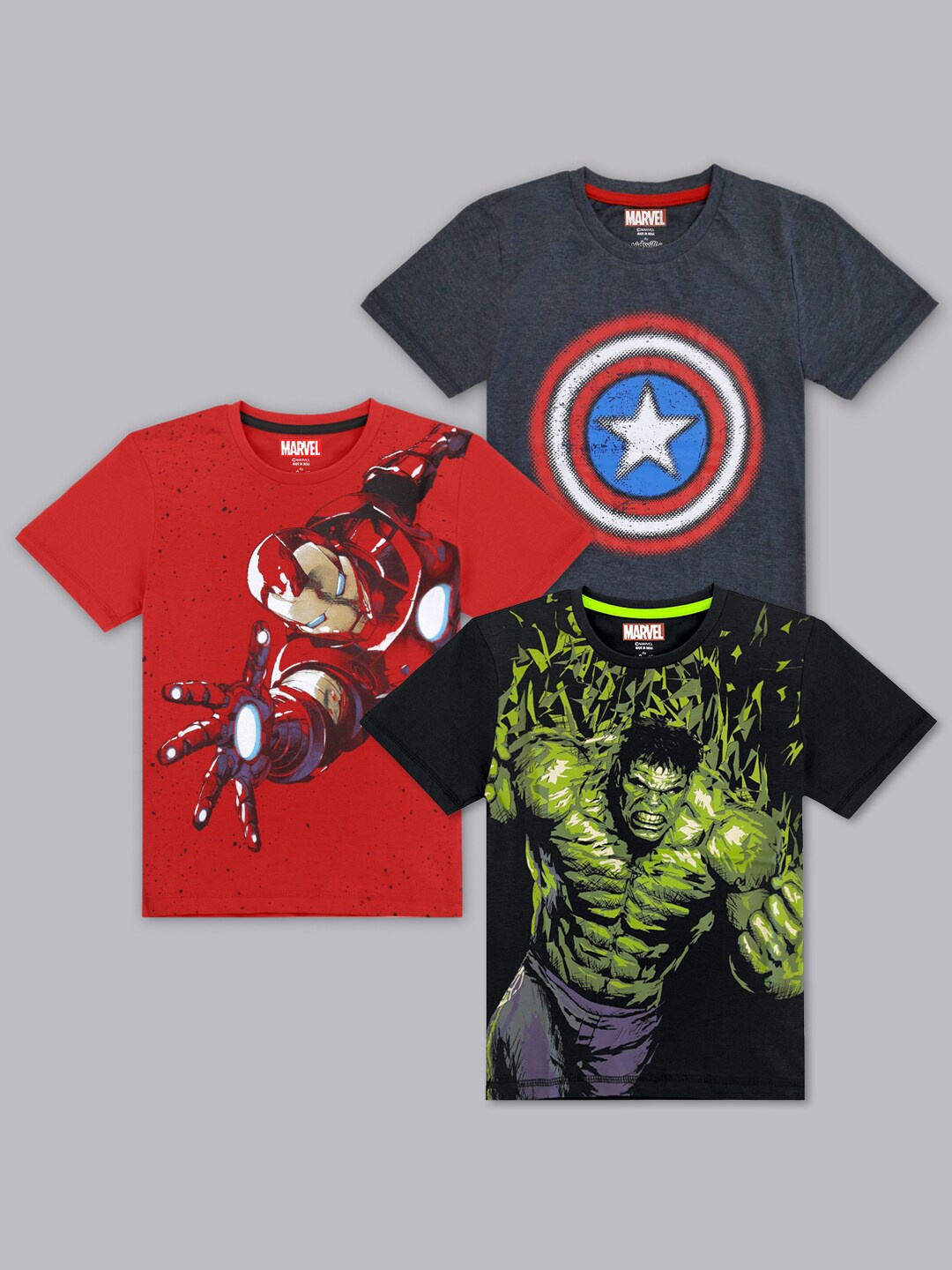 

Kids Ville Boys Pack Of 3 Marvel Comic Printed Round Neck Tshirt, Grey