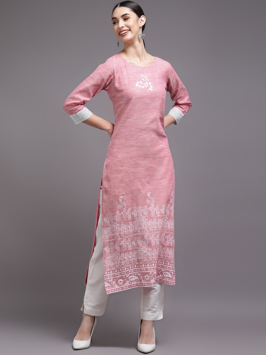 

KALINI Women Pink Quirky Printed Thread Work Kurta