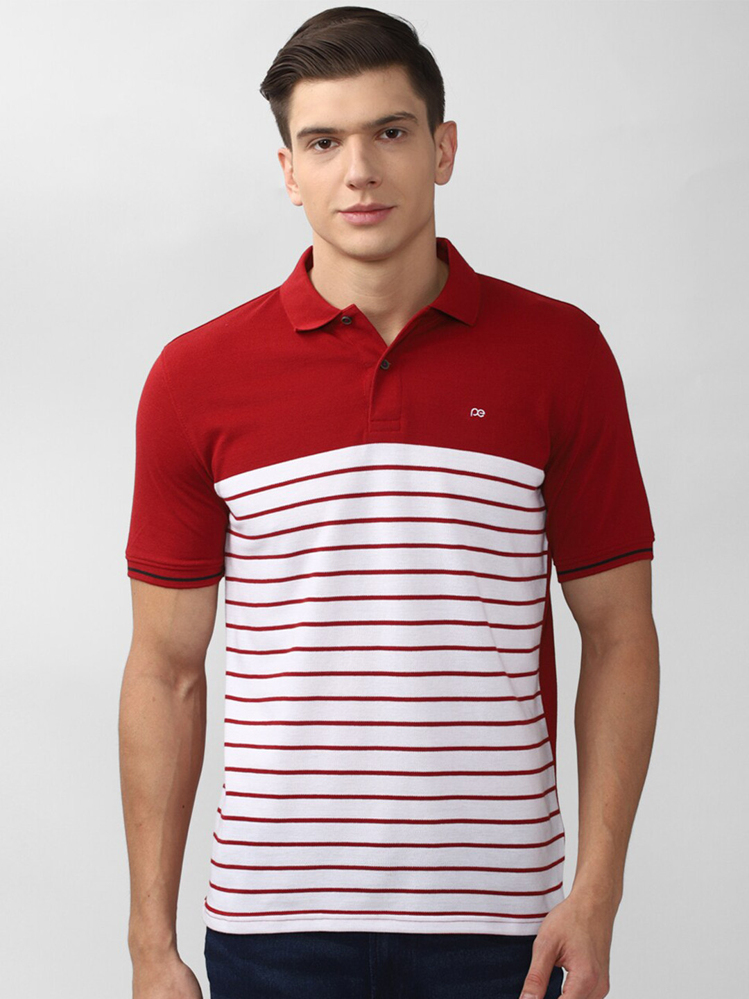 

Peter England Casuals Men White Striped Polo Collar T-shirt