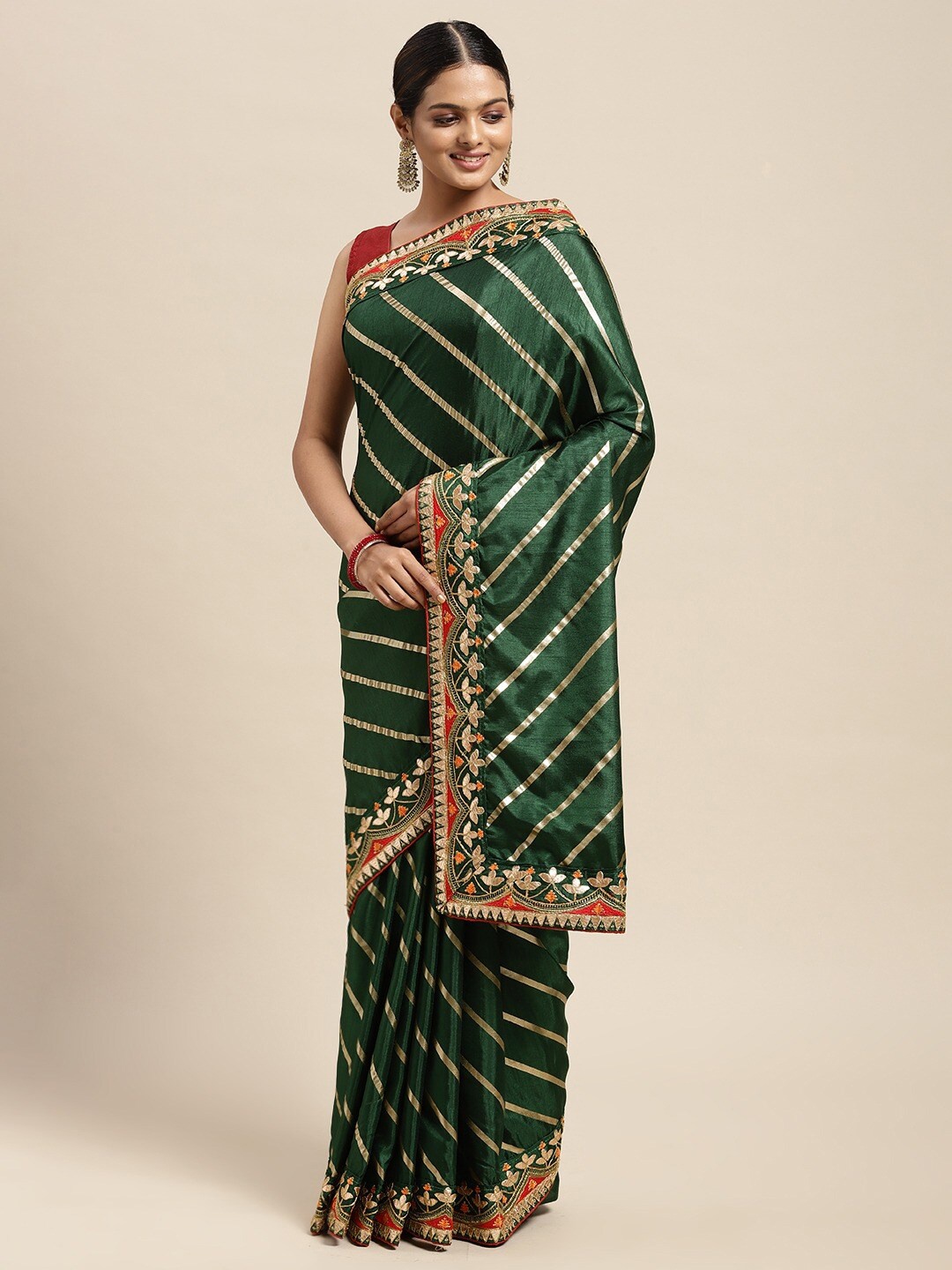 

KALINI Green & Red Leheriya Gotta Patti Art Silk Saree