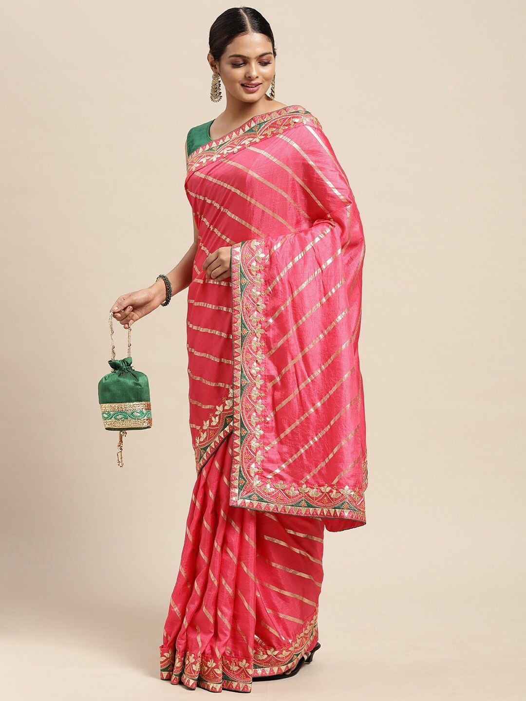 

KALINI Pink & Silver-Toned Leheriya Gotta Patti Art Silk Saree