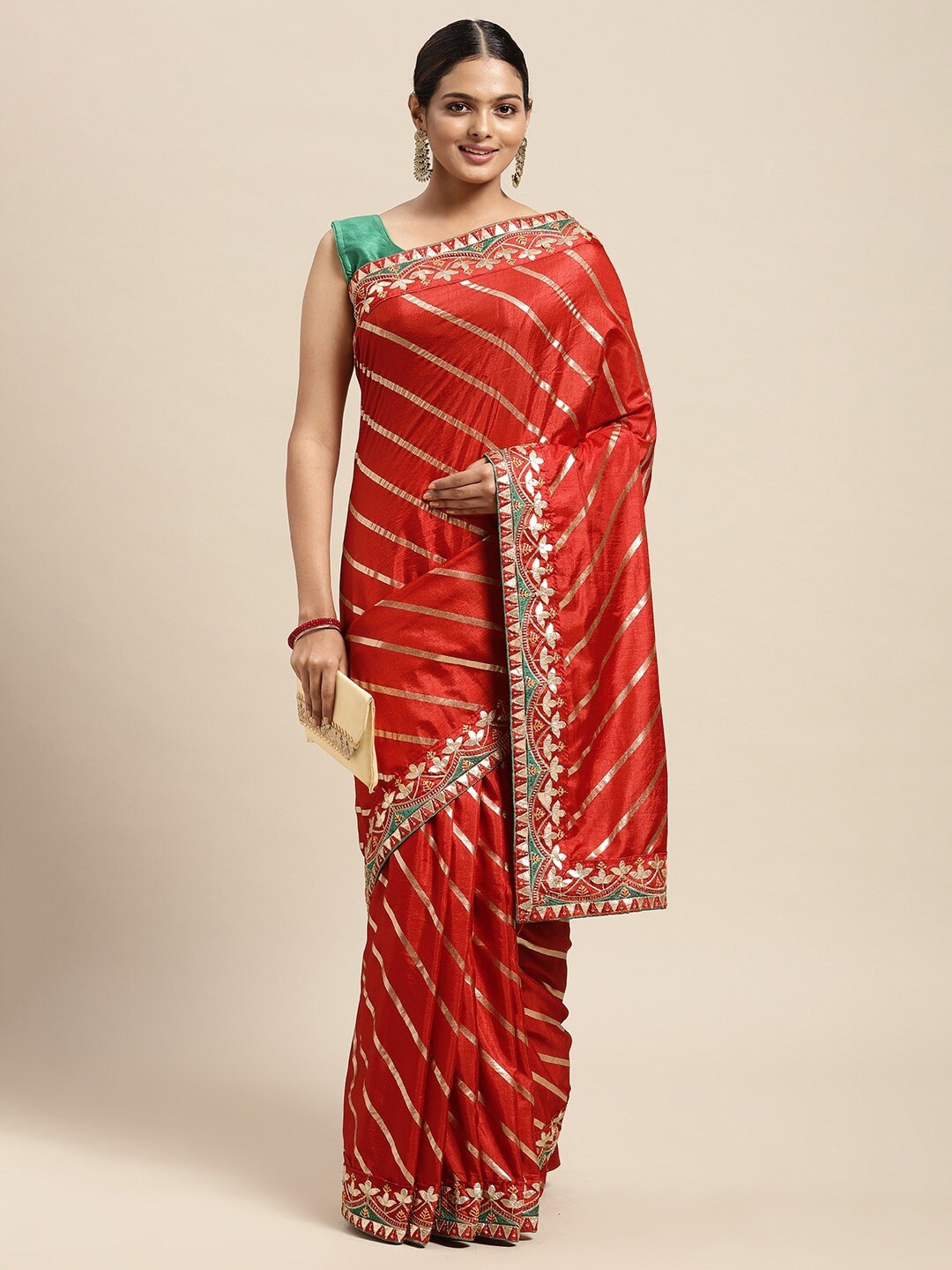

KALINI Red & Green Leheriya Gotta Patti Art Silk Saree