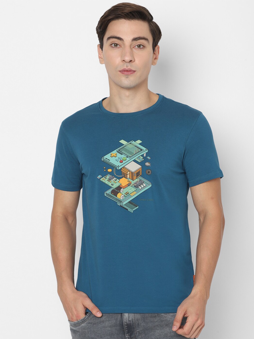 

SIMON CARTER LONDON Men Blue Printed Applique Slim Fit T-shirt