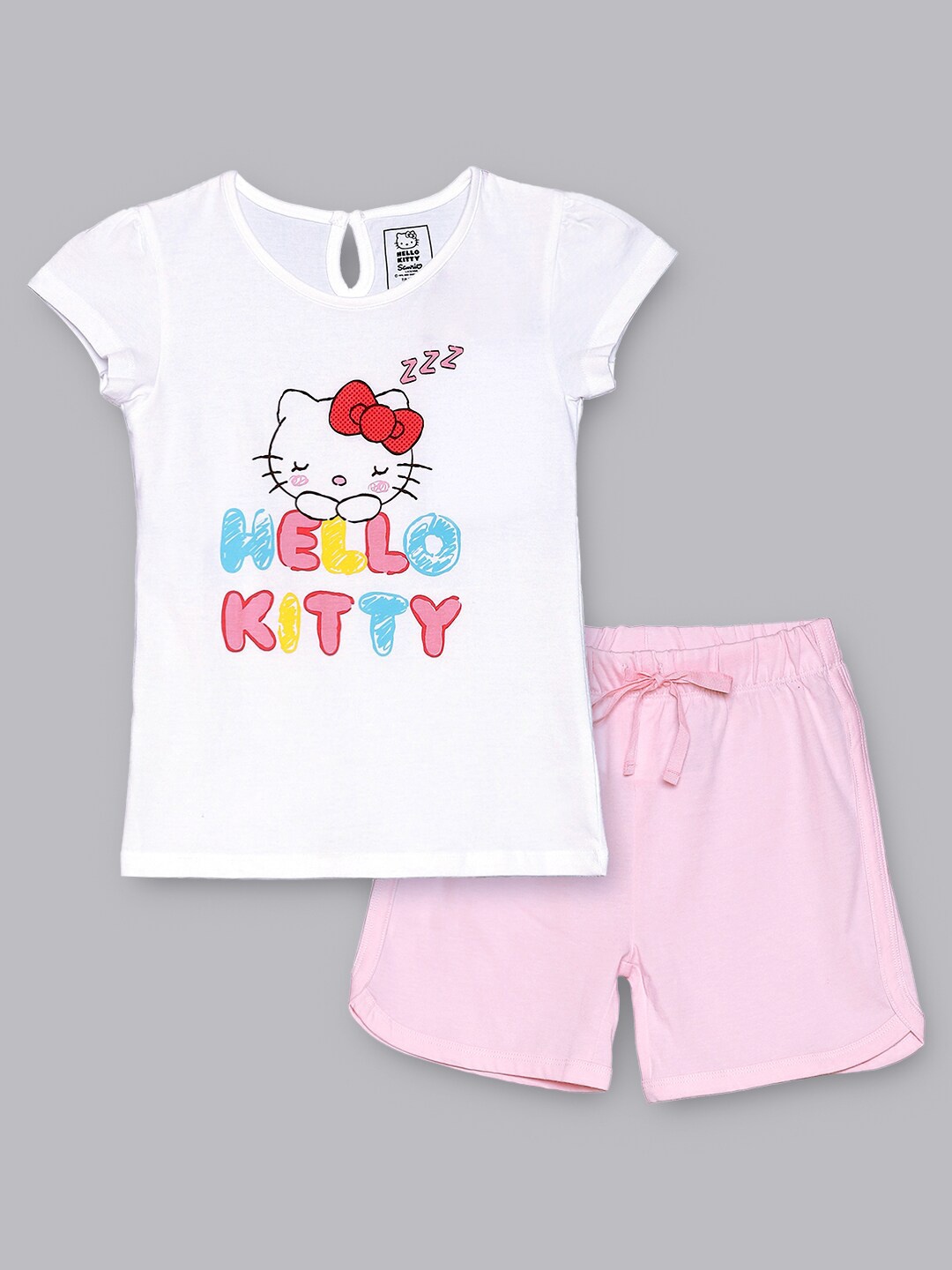 

Kids Ville Girls White & Pink Hello Kitty Printed Tshirt With Short
