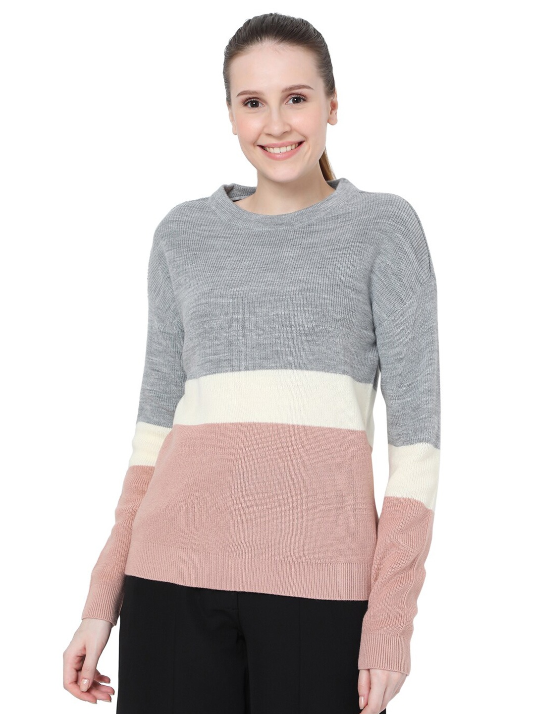 

Vero Moda Women Grey & Peach-Coloured Colourblocked Colourblocked Pullover