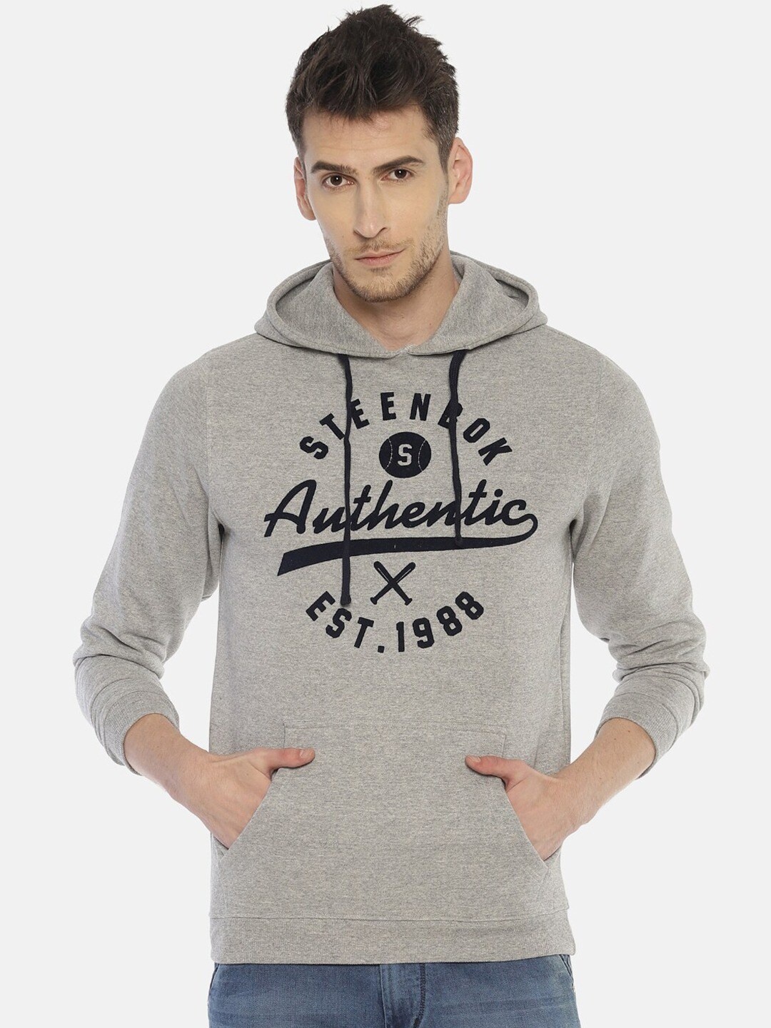 

Steenbok Men Grey Printed Hooded Sweatshirt