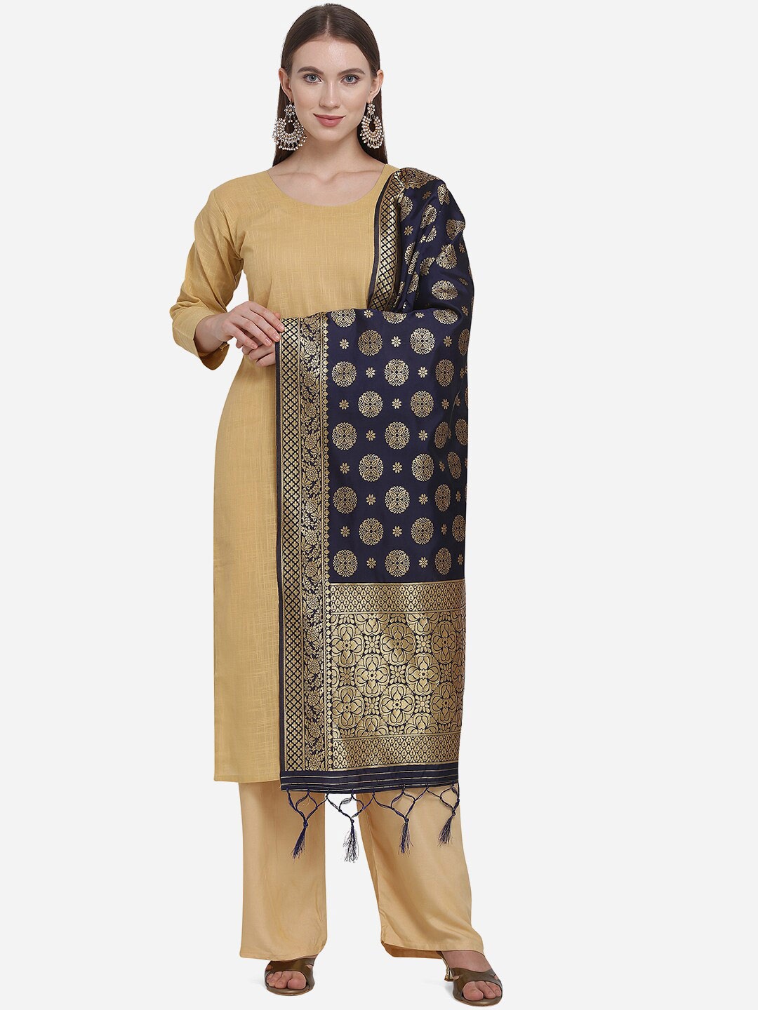 

SHAVYA Navy Blue & Gold-Toned Paisley Woven Design Pure Silk Dupatta with Zari