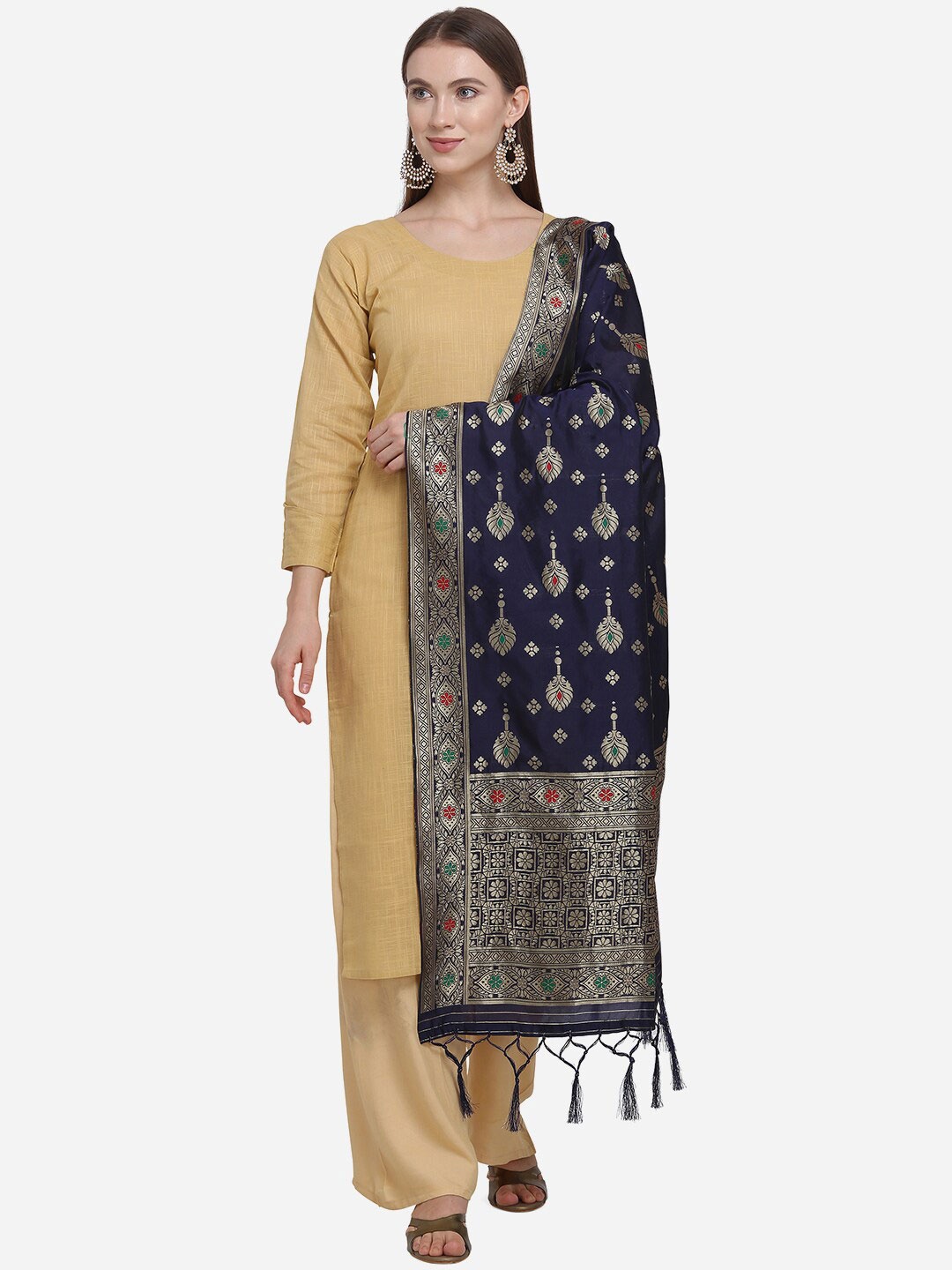 

SHAVYA Navy Blue & Red Paisley Woven Design Pure Silk Dupatta with Zari