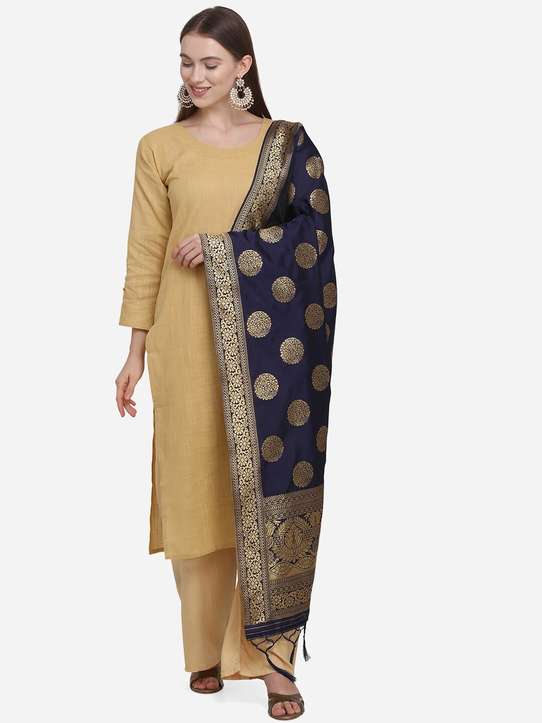 

SHAVYA Navy Blue & Gold-Toned Paisley Woven Design Pure Silk Dupatta with Zari