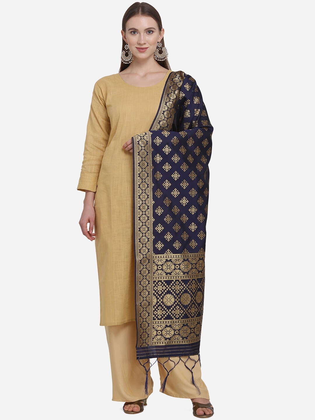 

SHAVYA Navy Blue & Gold-Toned Paisley Woven Design Pure Silk Dupatta with Zari