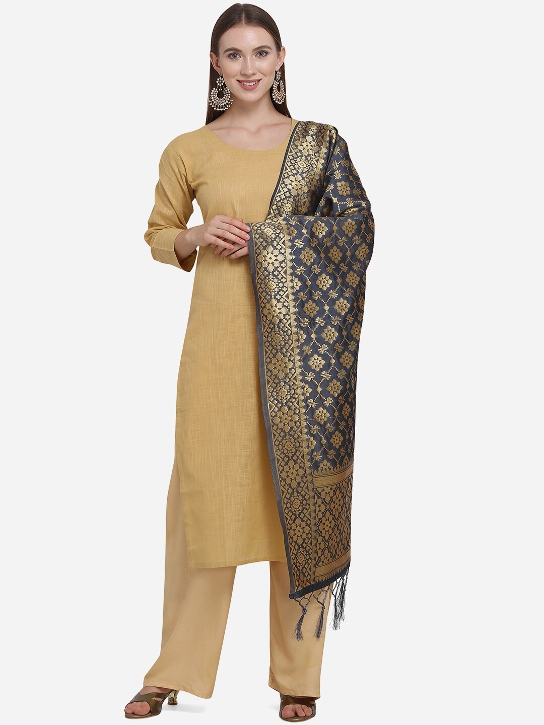 

SHAVYA Grey & Gold-Toned Paisley Woven Design Pure Silk Dupatta with Zari