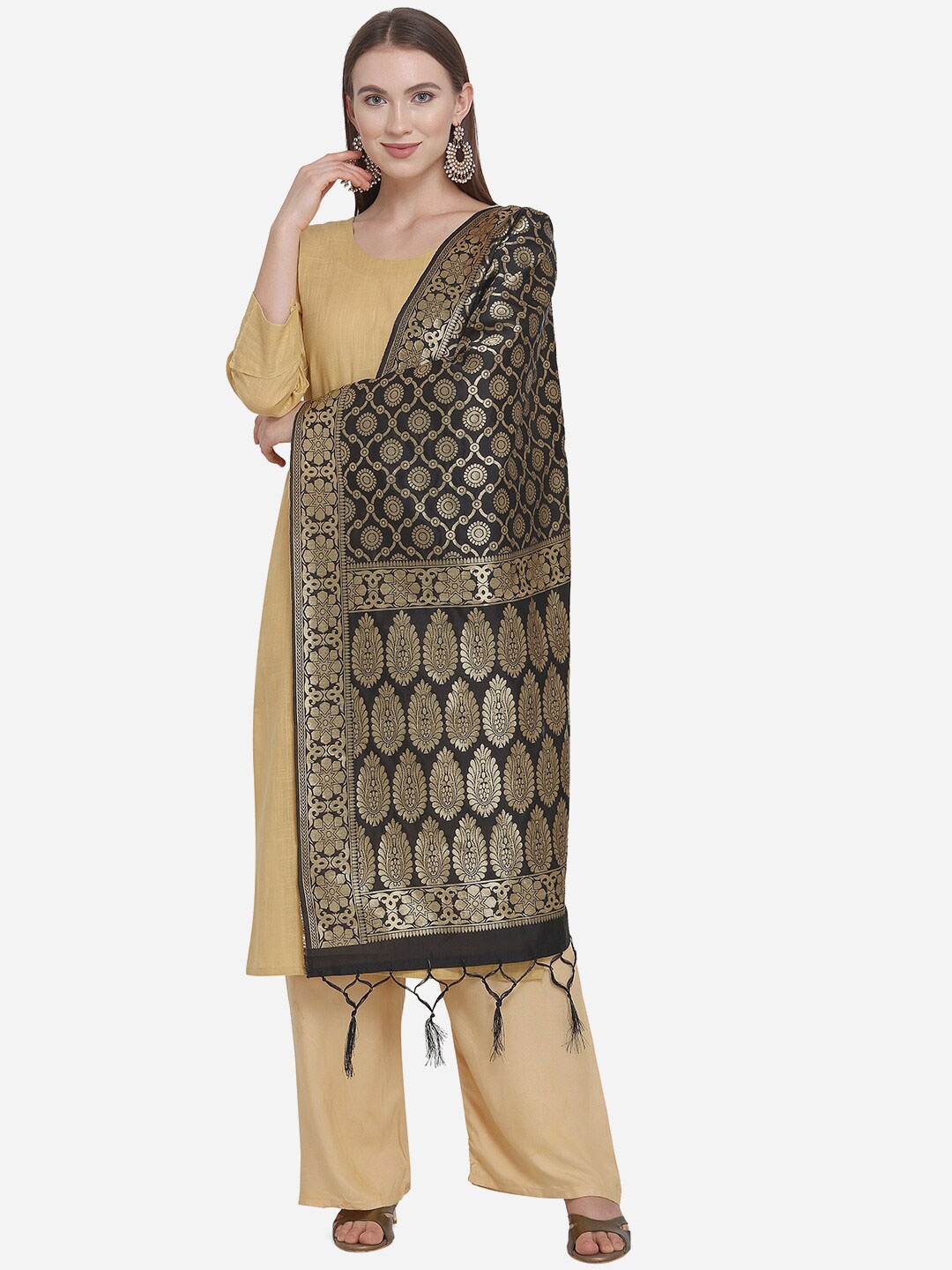 

SHAVYA Black & Gold-Toned Paisley Woven Design Pure Silk Dupatta with Zari