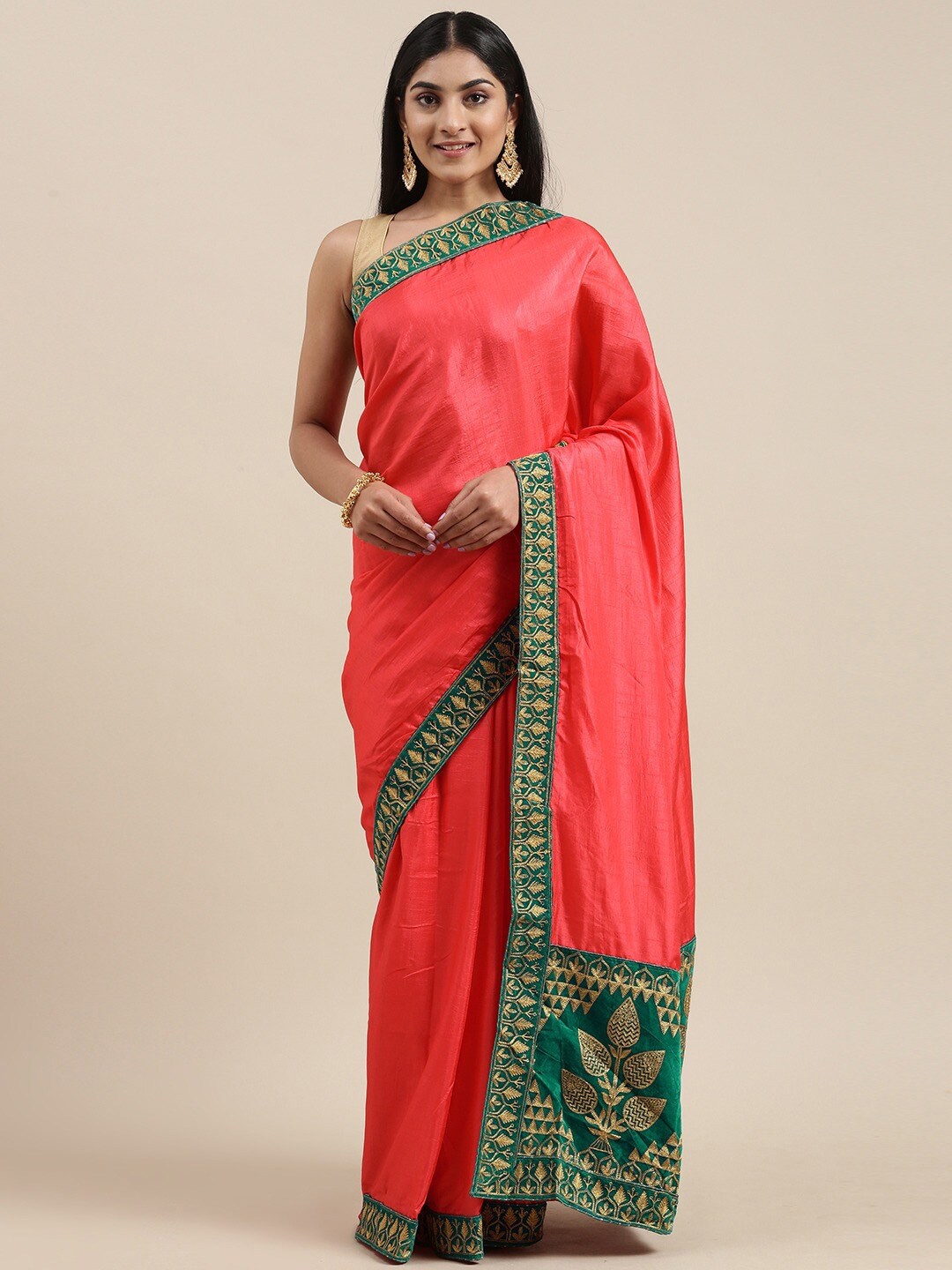 

KALINI Peach-Coloured & Green Embroidered Art Silk Saree