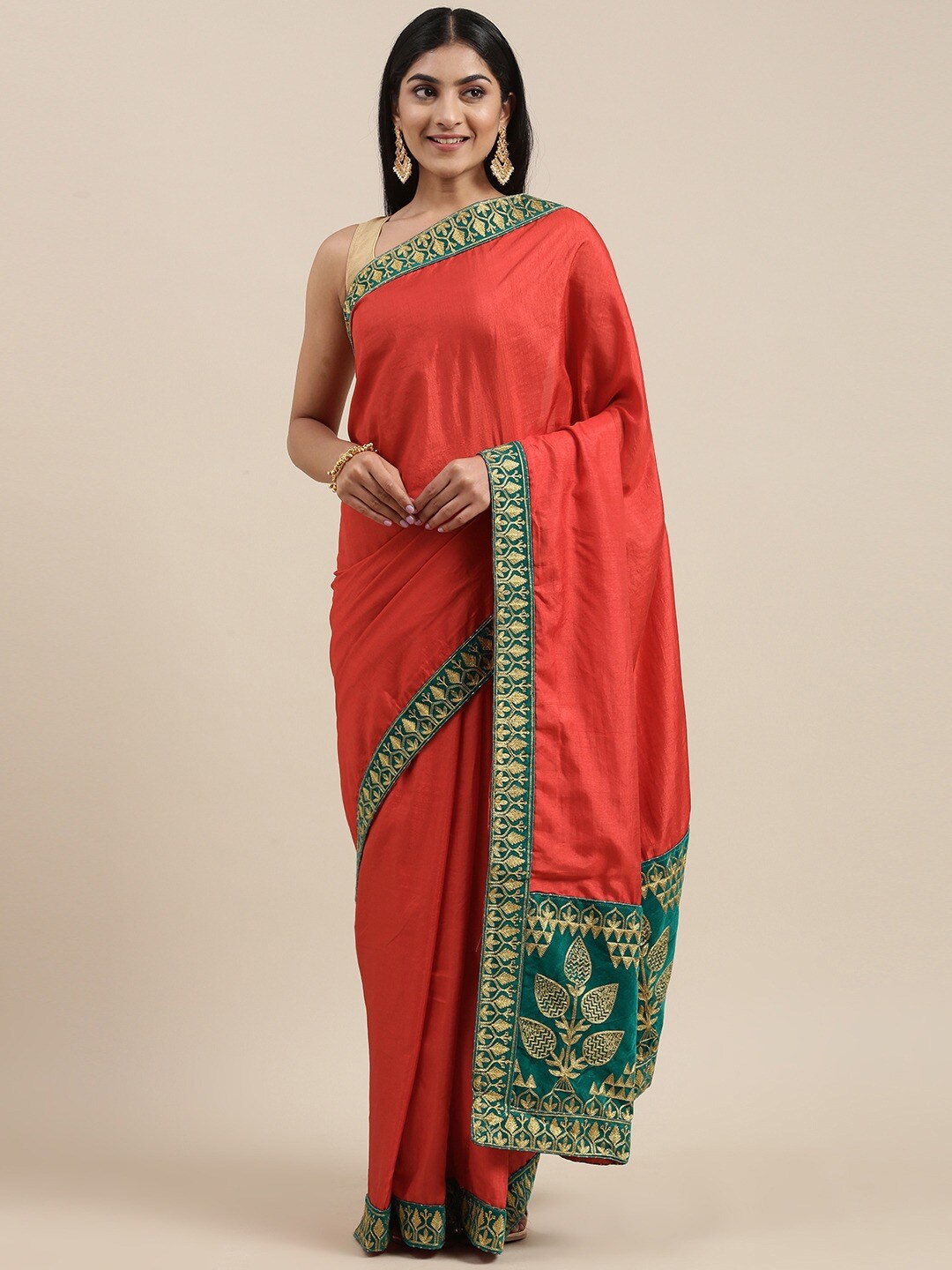 

KALINI Red & Green Embroidered Art Silk Saree
