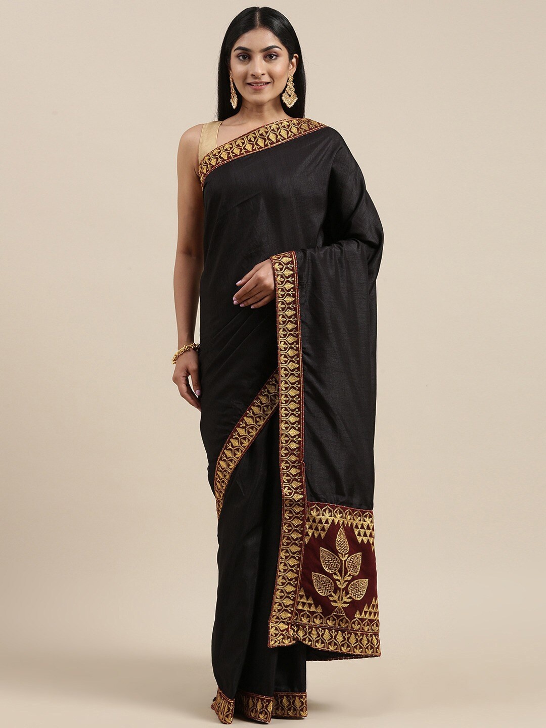 

KALINI Black & Maroon Embroidered Art Silk Saree