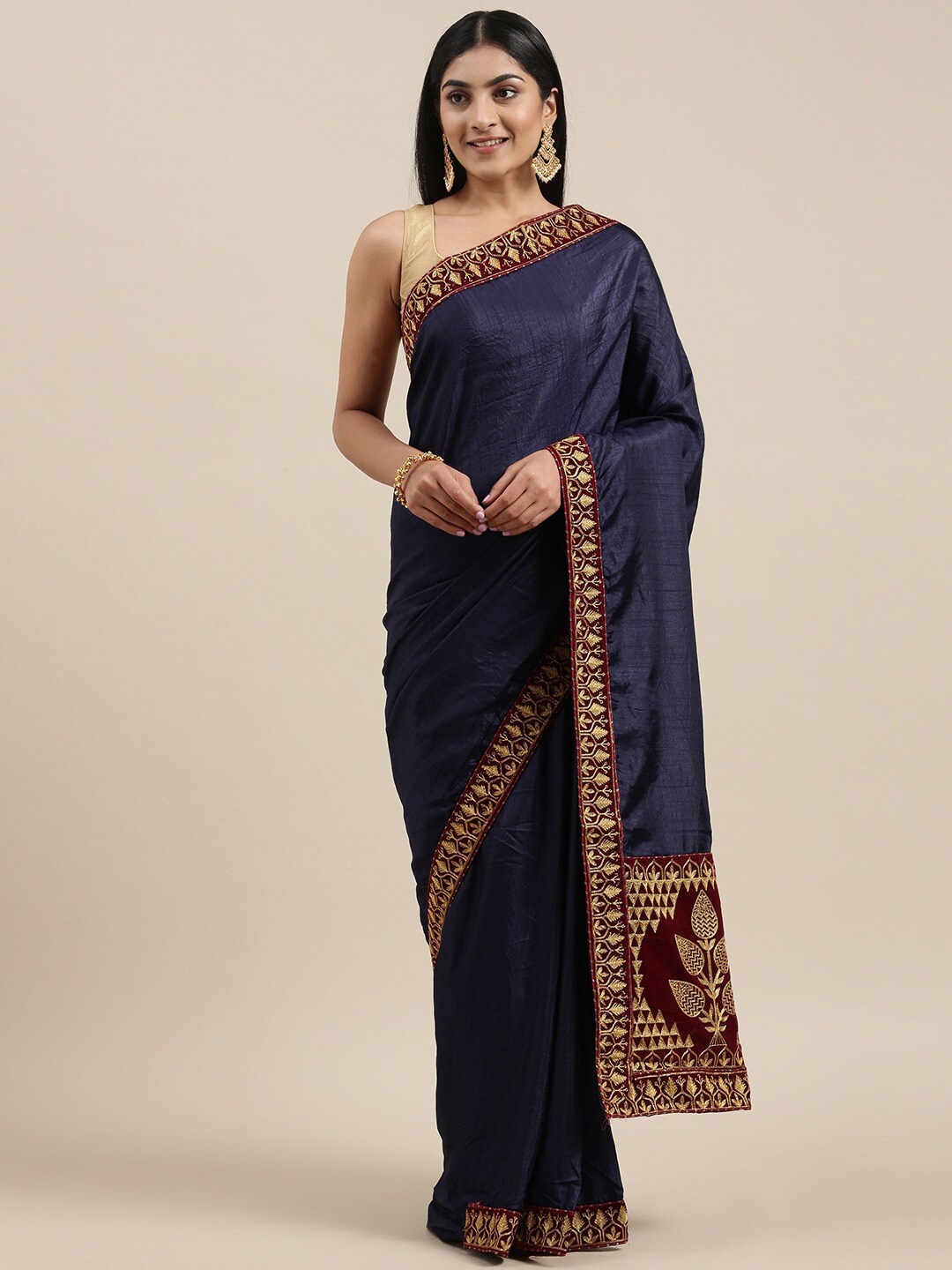 

KALINI Blue & Maroon Embroidered Art Silk Saree
