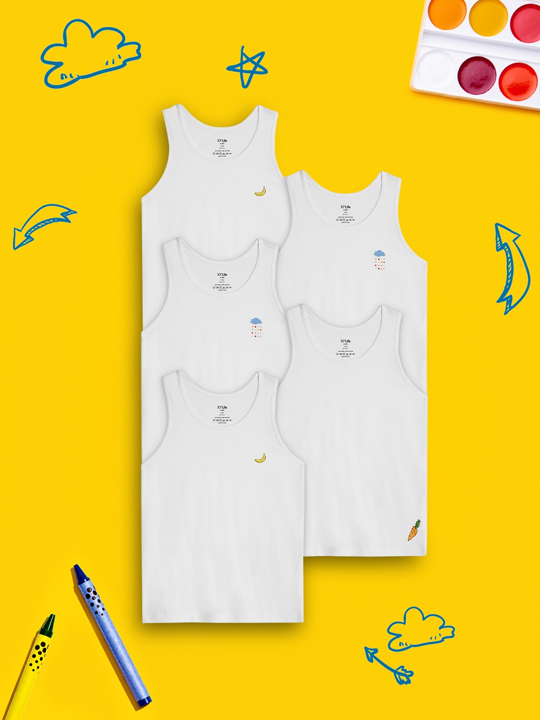 

XY Life Boys Pack Of 5 Scribbles White IntelliEase Cotton Modal Inner Vest