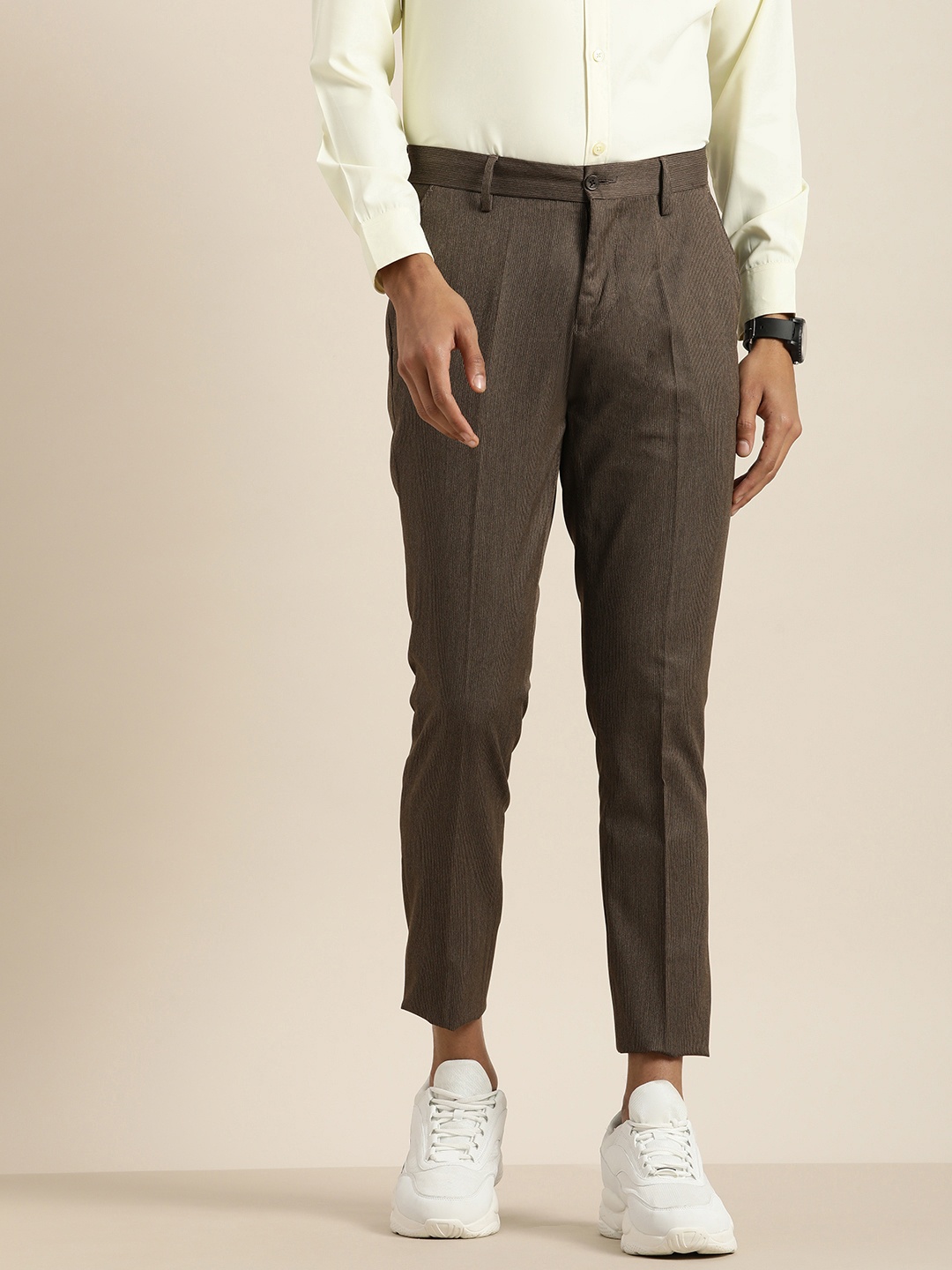 

encore by INVICTUS Men Striped Cropped Casual Trousers, Brown