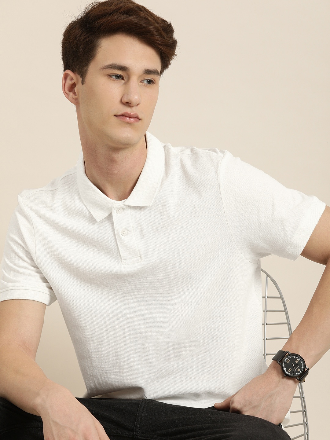 

encore by INVICTUS Men Off-White Solid Pure Cotton T-shirt