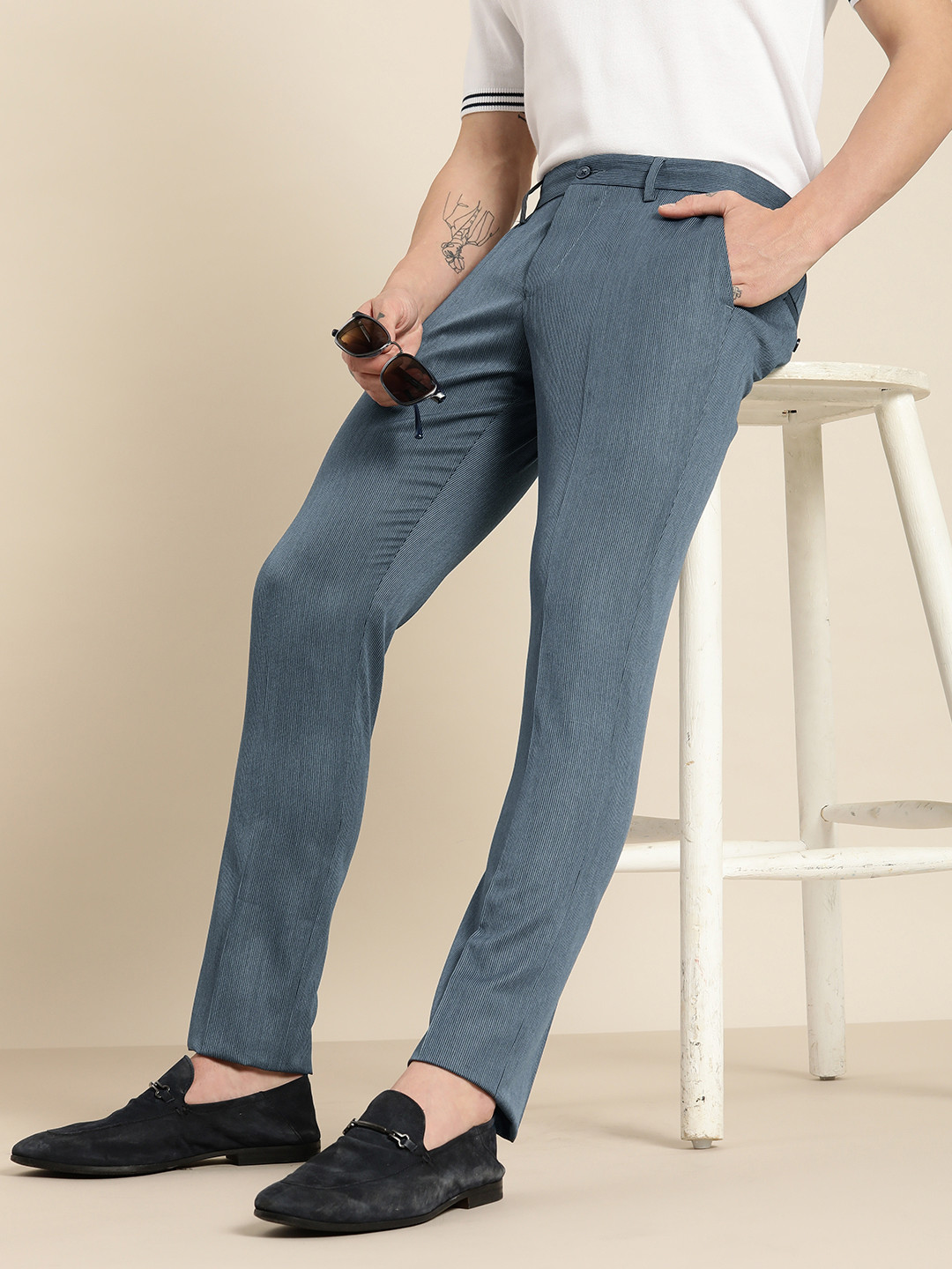 

encore by INVICTUS Men Blue Striped Trousers