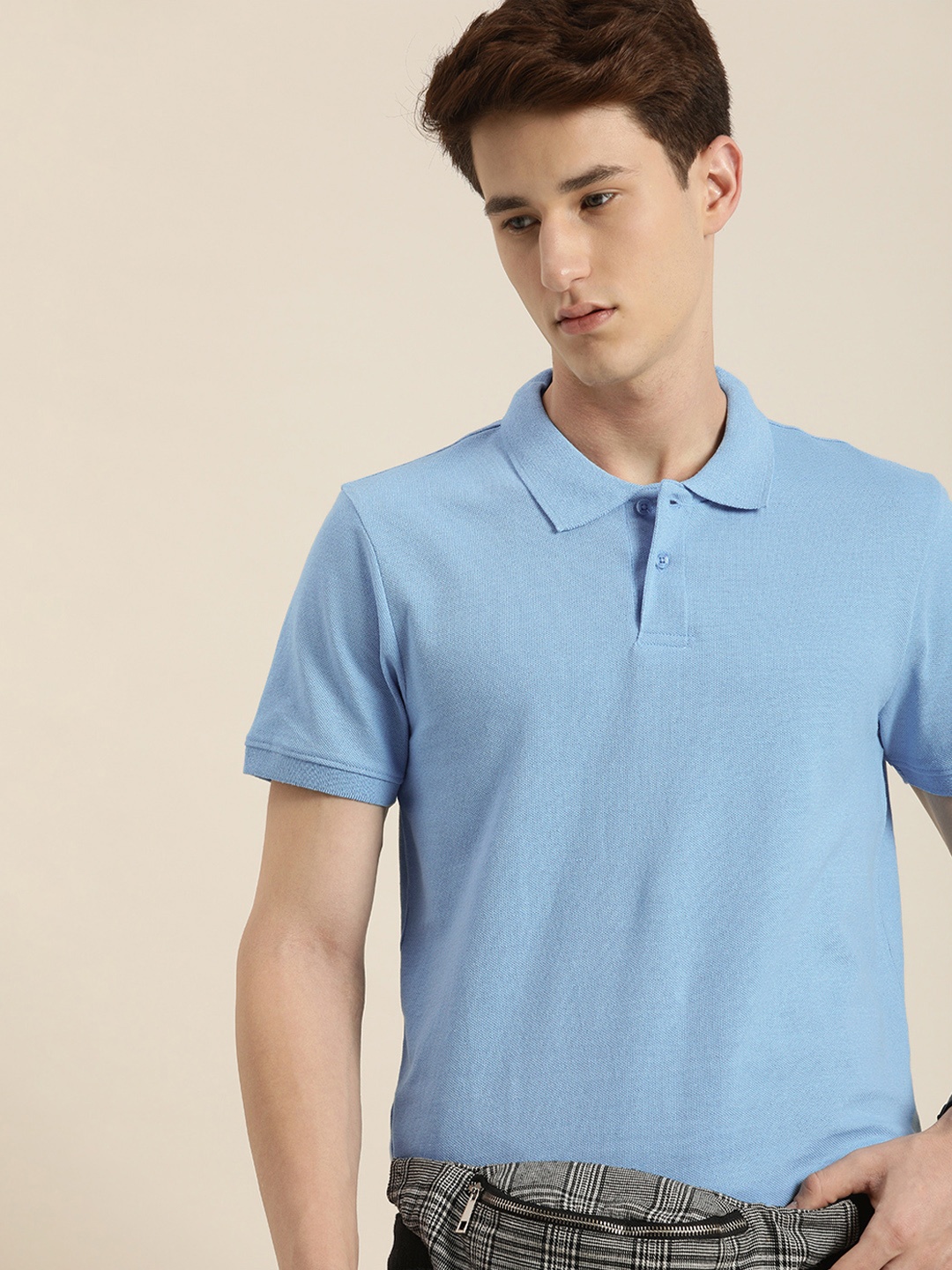 

encore by INVICTUS Men Light Blue Polo Collar Solid T-shirt