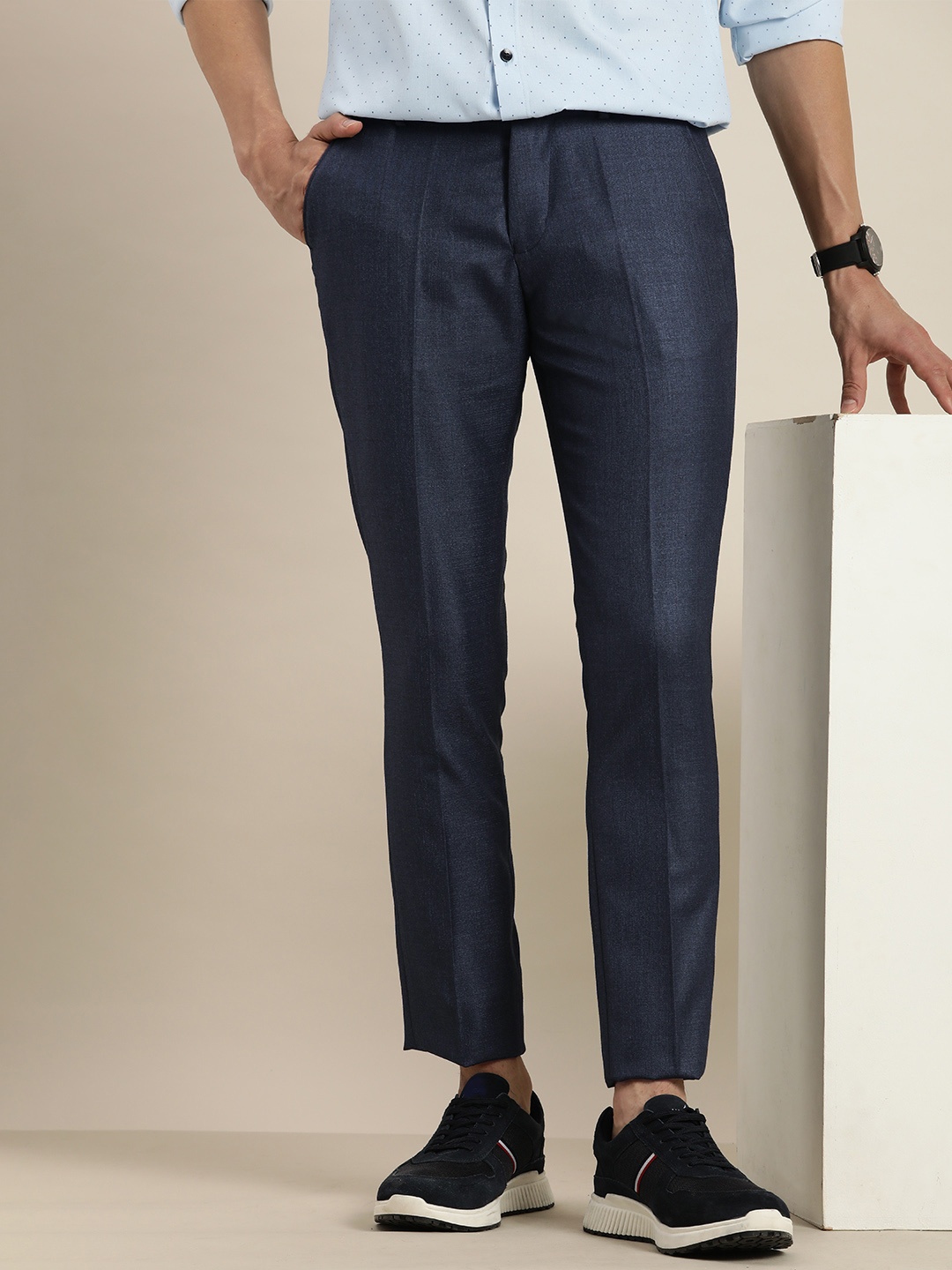 

encore by INVICTUS Men Navy Blue Textured Cropped Regular Trousers