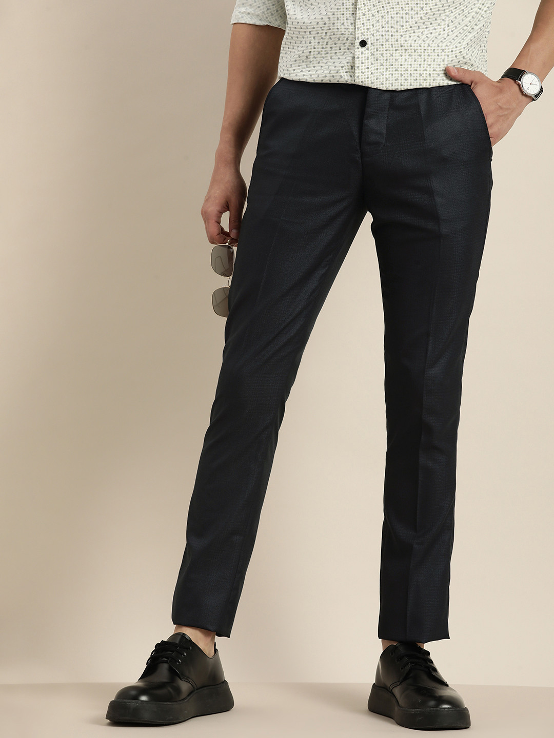 

encore by INVICTUS Men Black Checked Mid-Rise Regular Trousers