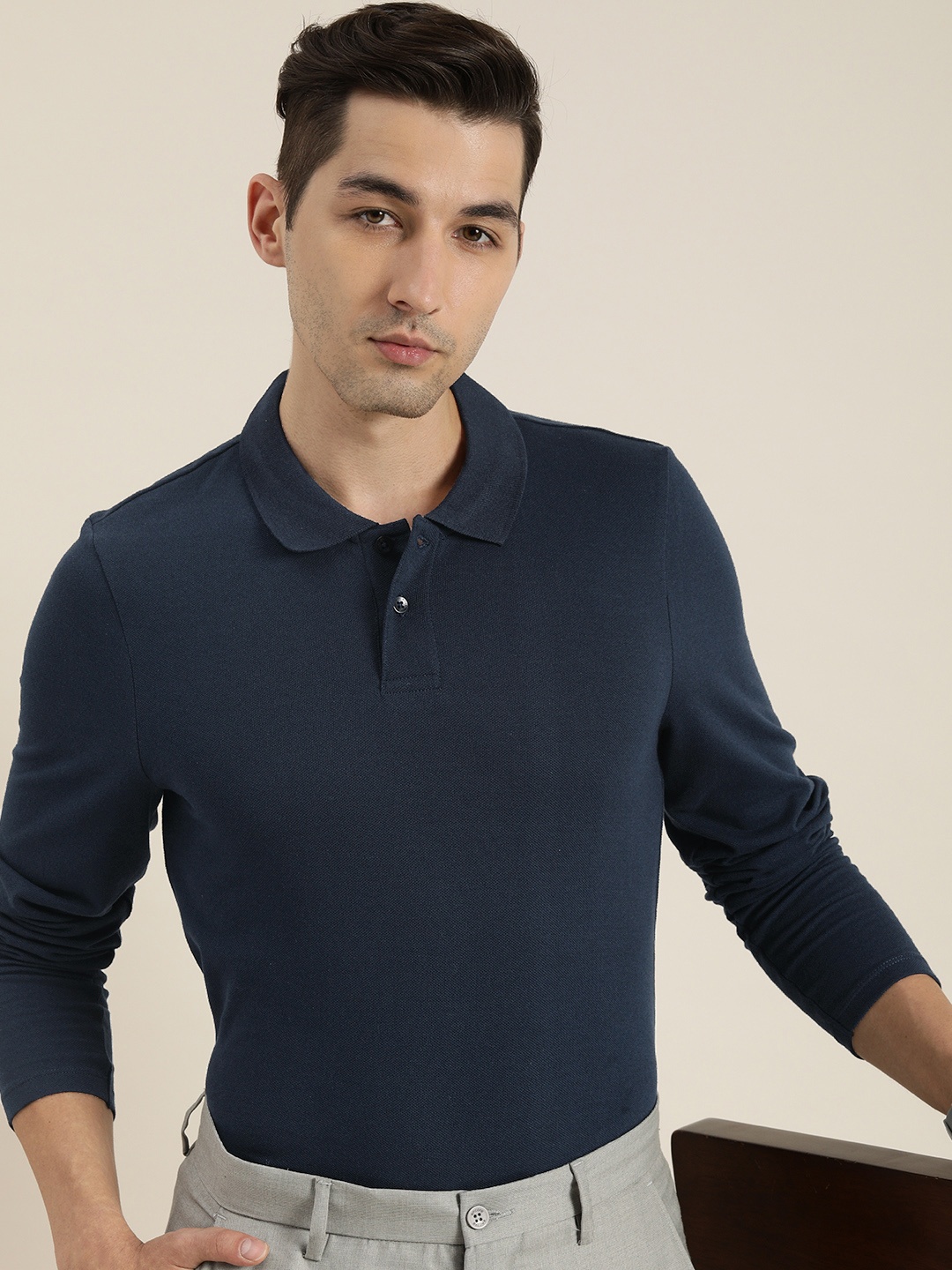 encore by INVICTUS Men Navy Blue Polo Collar Slim Fit T-shirt