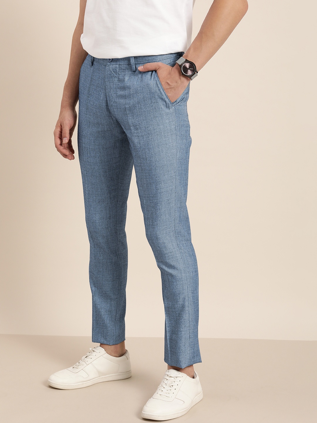 

encore by INVICTUS Men Blue Textured Trousers