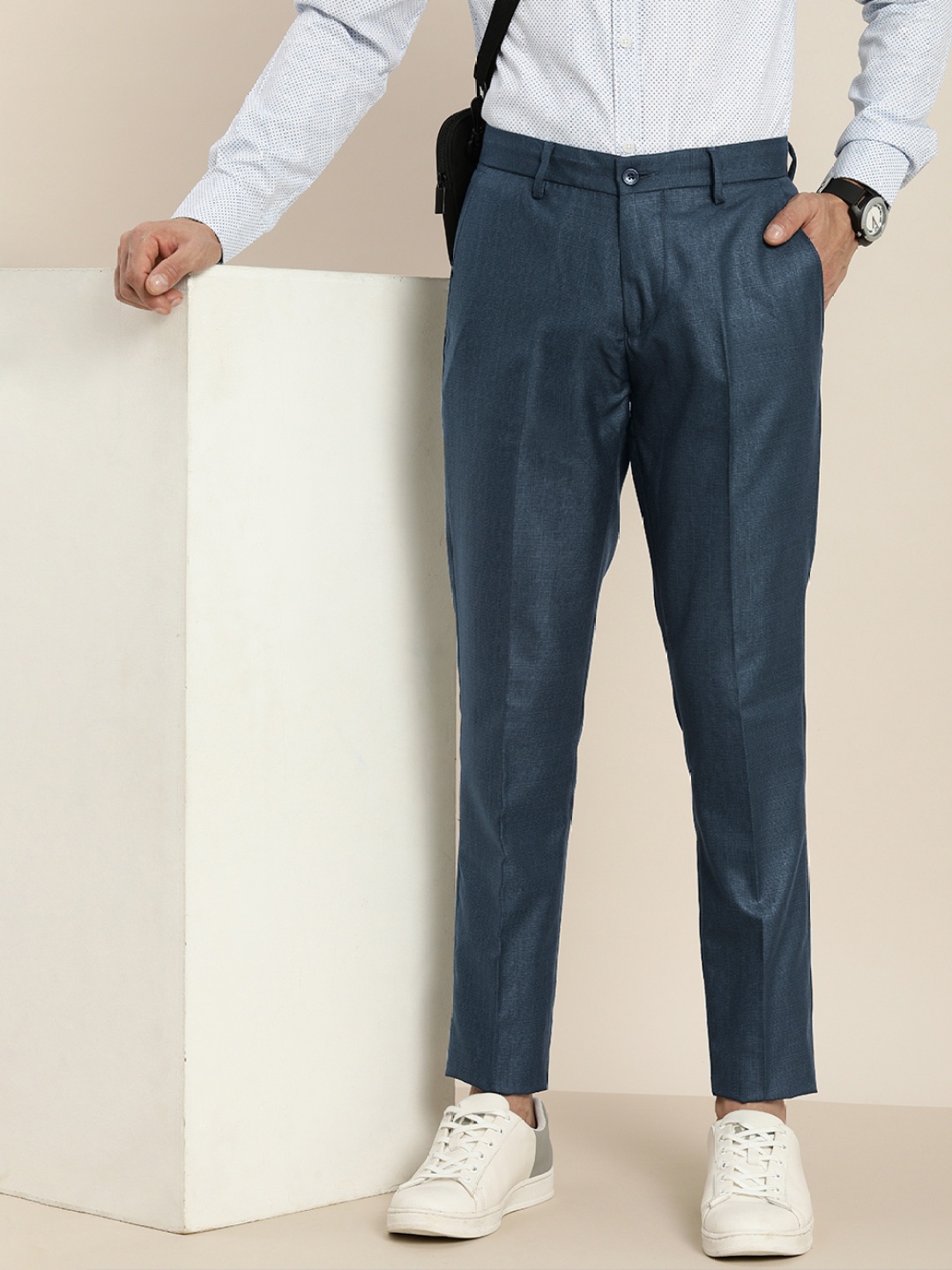 

encore by INVICTUS Men Navy Blue Textured Casual Trousers