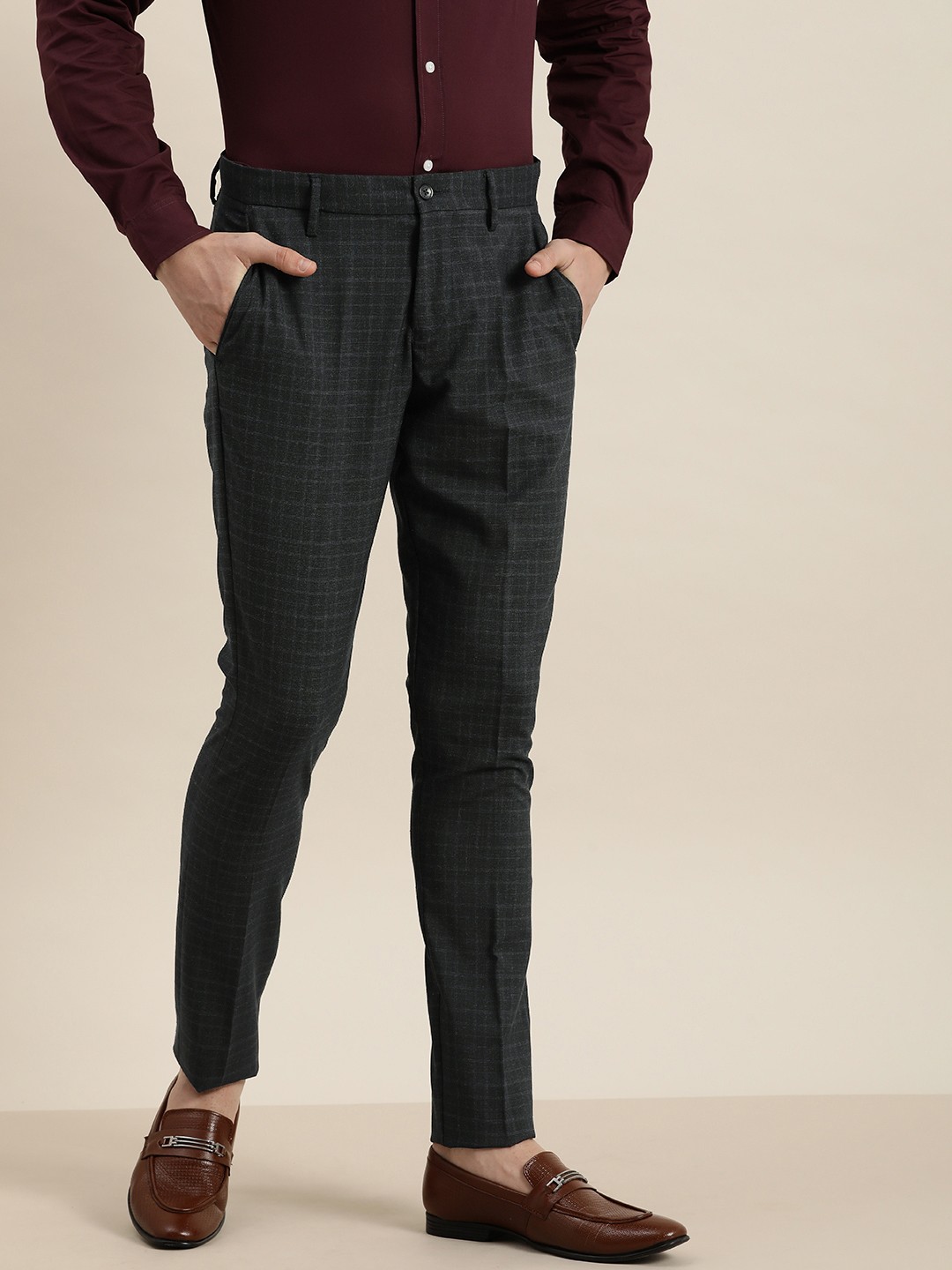 

encore by INVICTUS Men Black & Blue Checked Mid-Rise Casual Trousers