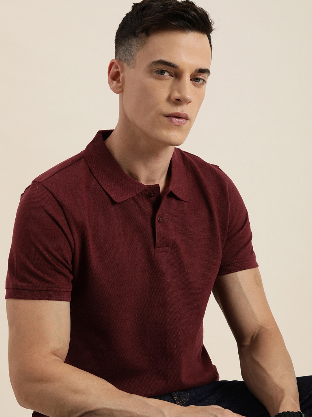 encore by INVICTUS Men Burgundy Solid Polo Collar T-shirt