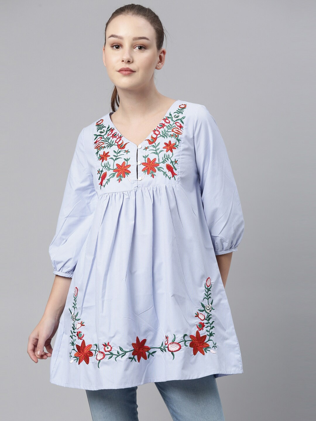 

LAYA Blue Floral Embellished Longline Top
